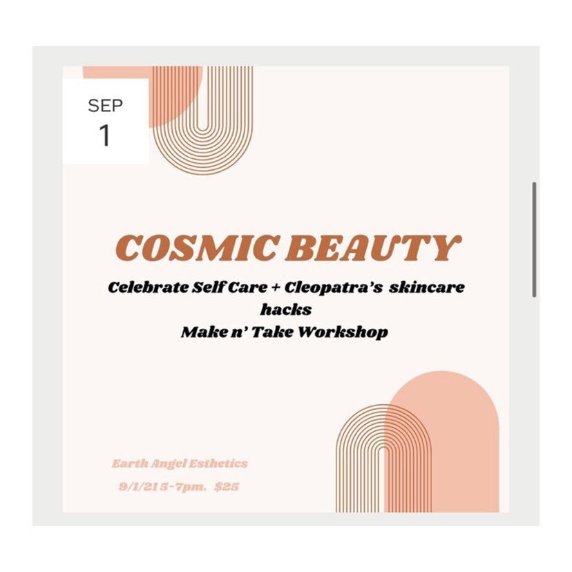 Join our ✨COSMIC BEAUTY ✨ workshop. It&rsquo;s like a wellness happy hour where we will:
 +pamper ourselves w/ love and care ❤️

+sip on beauty water 🦋🍸

+learn why the kings and queens valued plant essences more than gold 👑

+ make and take home 