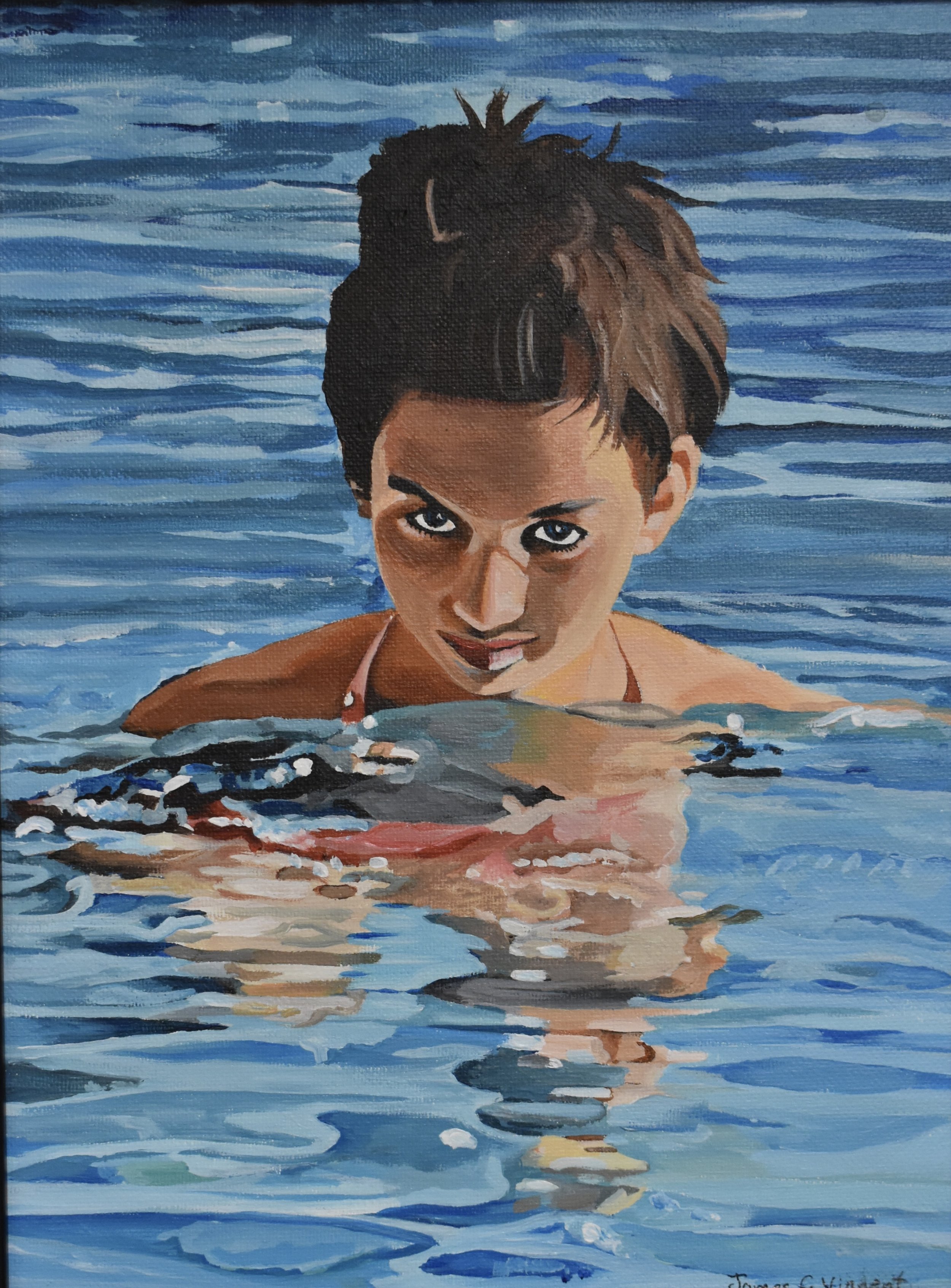 This is another painting from my 'reflections in the water' series.  As a matter of coincidence, it was also from an image I took from the same hotel in Miami and in the same pool. She had piercing eyes! Size: 9" X 12"/Acrylic on canvas/'Reflections'