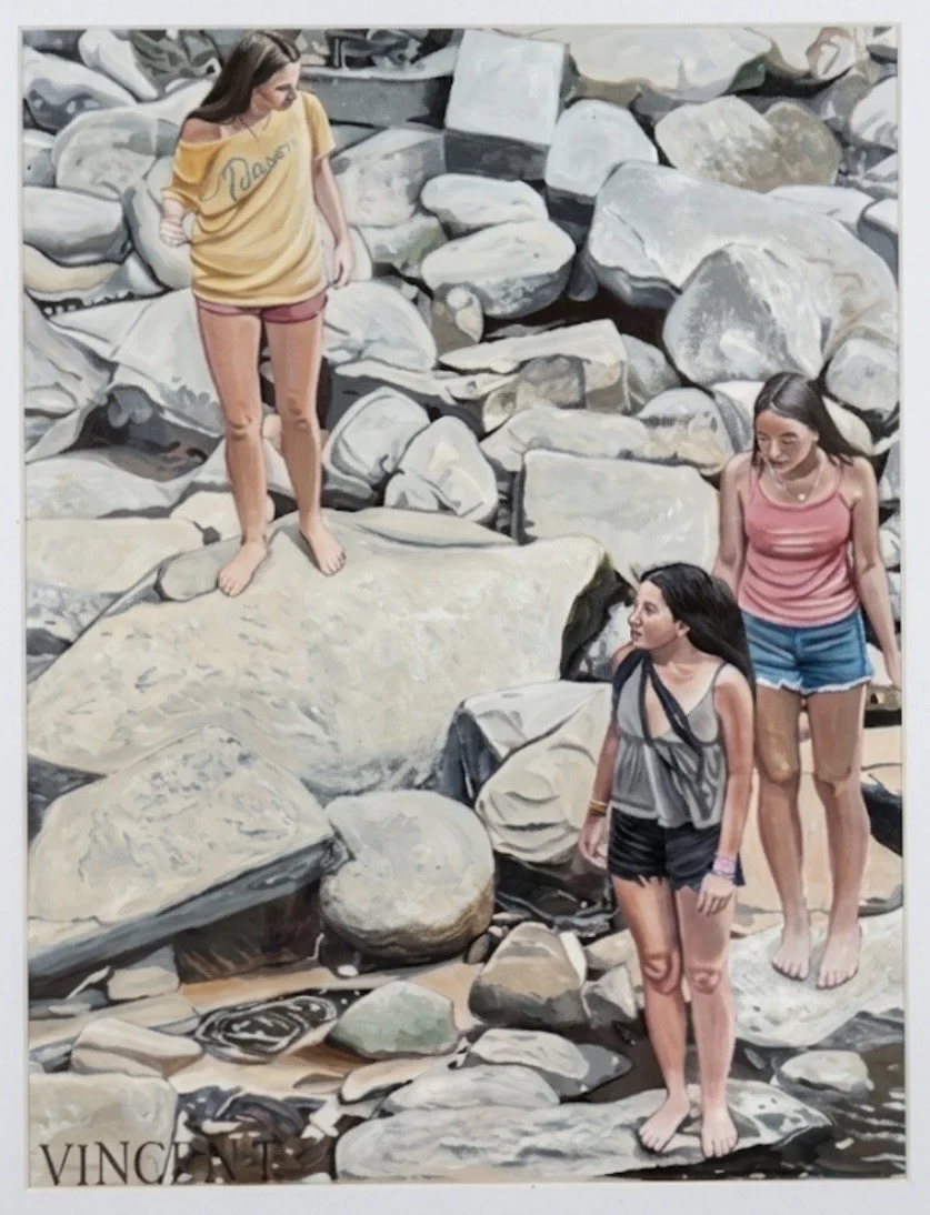 While visiting a very popular tourist attraction in   Ohio, as we were leaving, I noticed these young ladies barefoot on the rocks at Chagrin Falls. Needless to say, I felt like it would make a nice subject for a painting. Size: 9" x 12"/acrylic on c