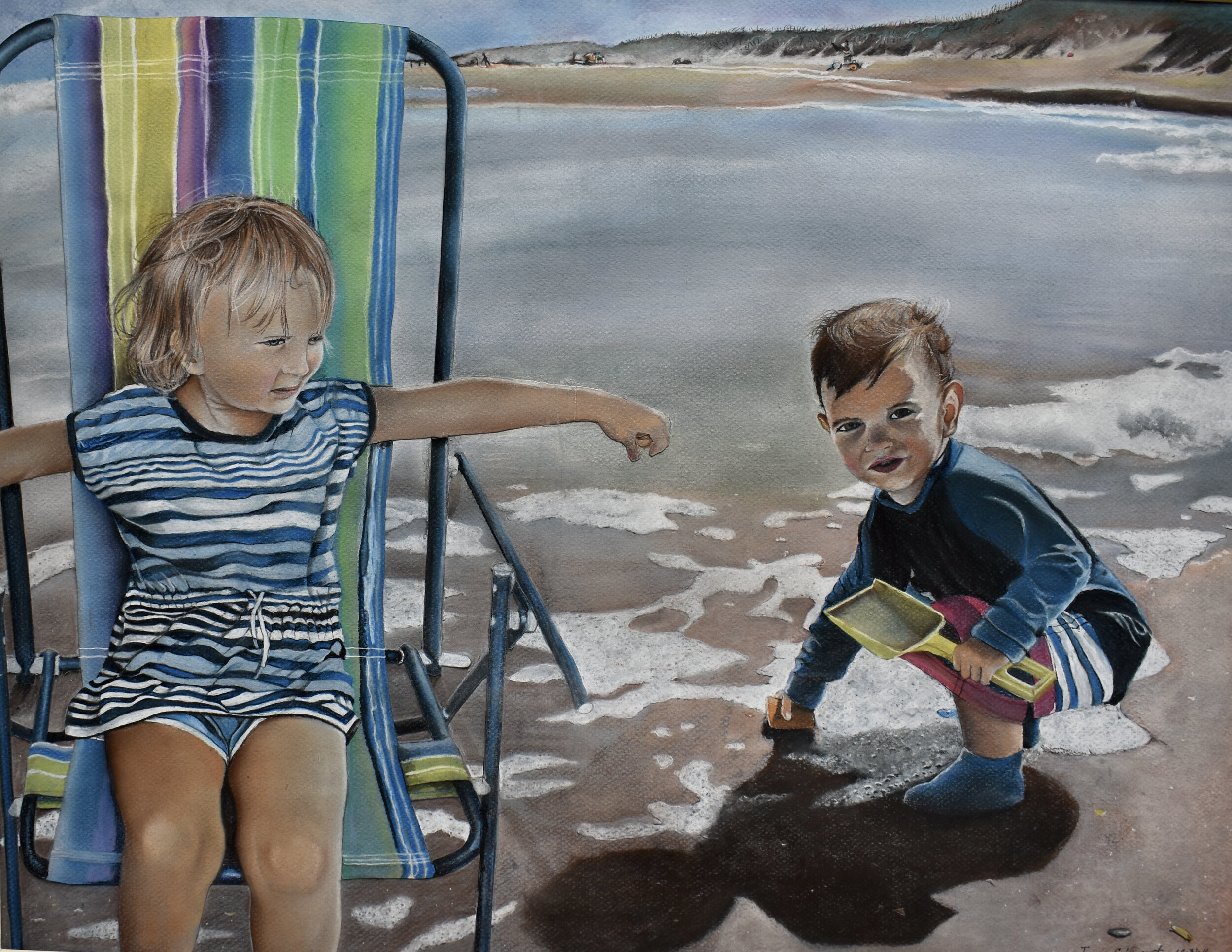 I was inspired by the way the children like to play on the beach, for this image. I had to use to different pictures to place brother and sister in the same scenario. This particular location is in the Outer Banks.  I used soft-pastel pencils to crea