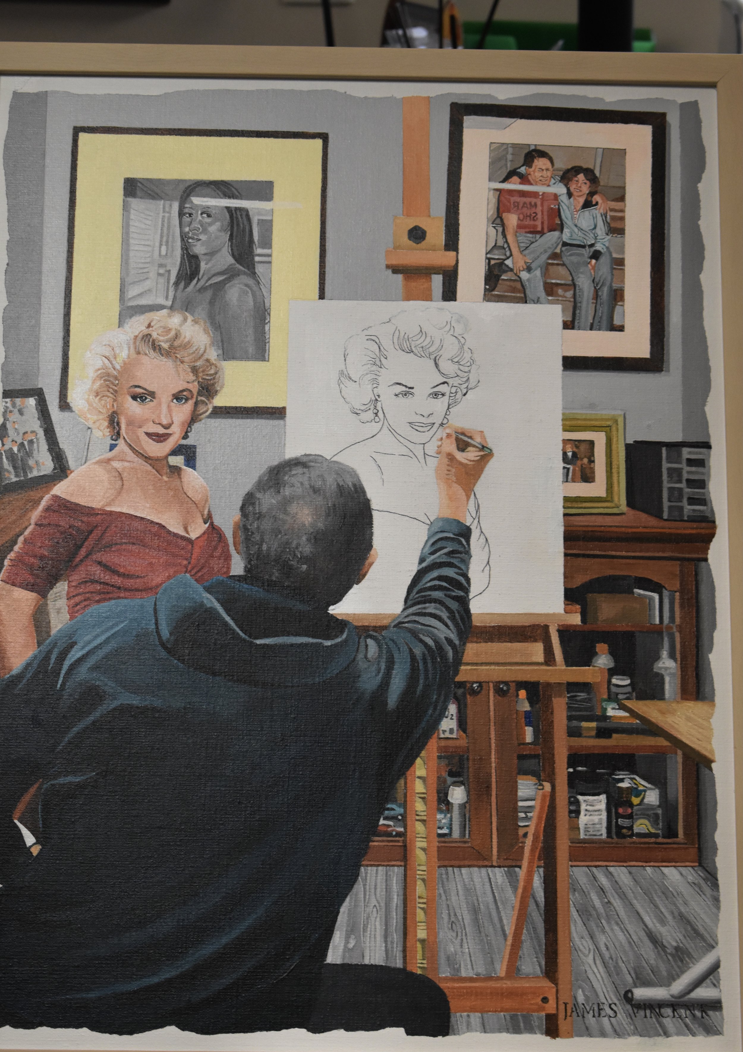 I thought it might be cool to create an image of Marilyn Monroe posing for me in my studio while I draw her.  
Size: 18" x 24"/Med: Acrylic paint on canvas board/ Title: 'Marilyn in my studio'/Cost: $800.00/framed.