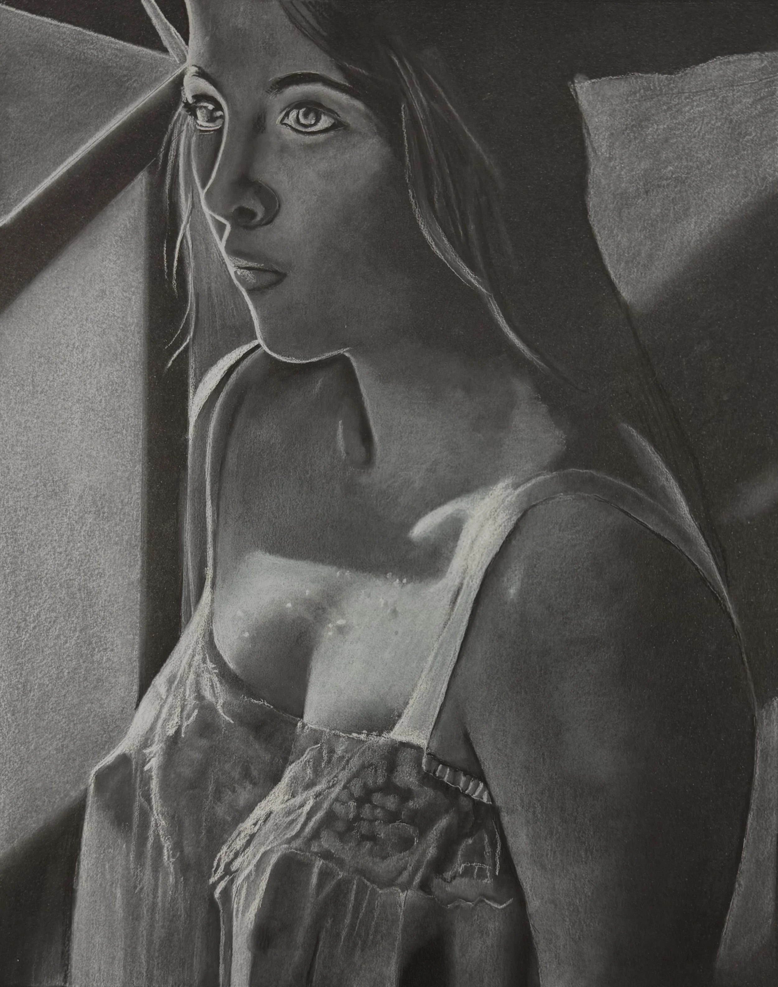 Title: 'The Reality of Light"/9" X 11"/White pastel pencil on black paper.