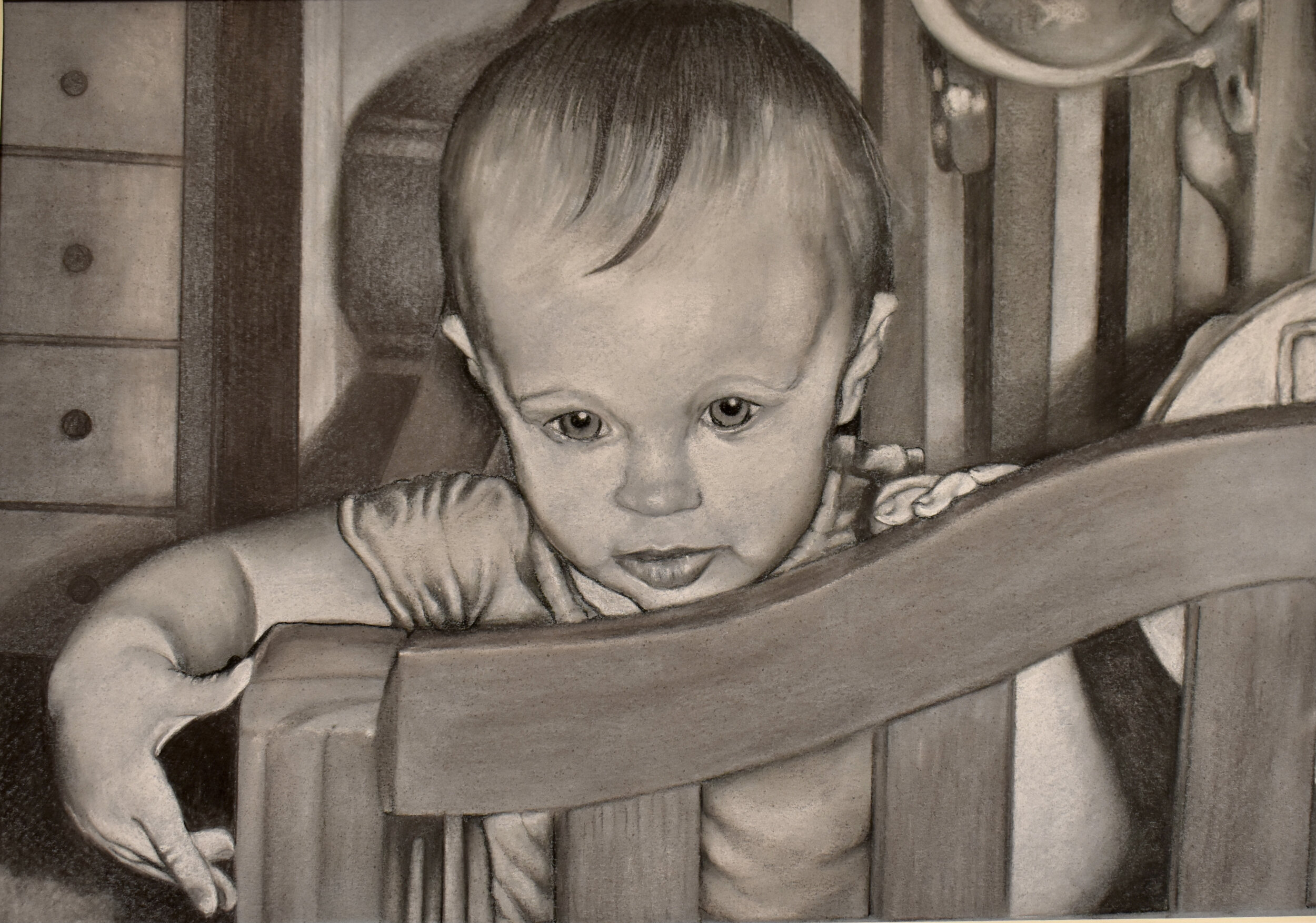 This drawing is also an illustration from the same book done on Cason light blue pastel paper, 8 1/2" x 11". Refer to preceding drawing for details./NFS. For more details on all three of my books, refer to the section on 'Children's Books.'