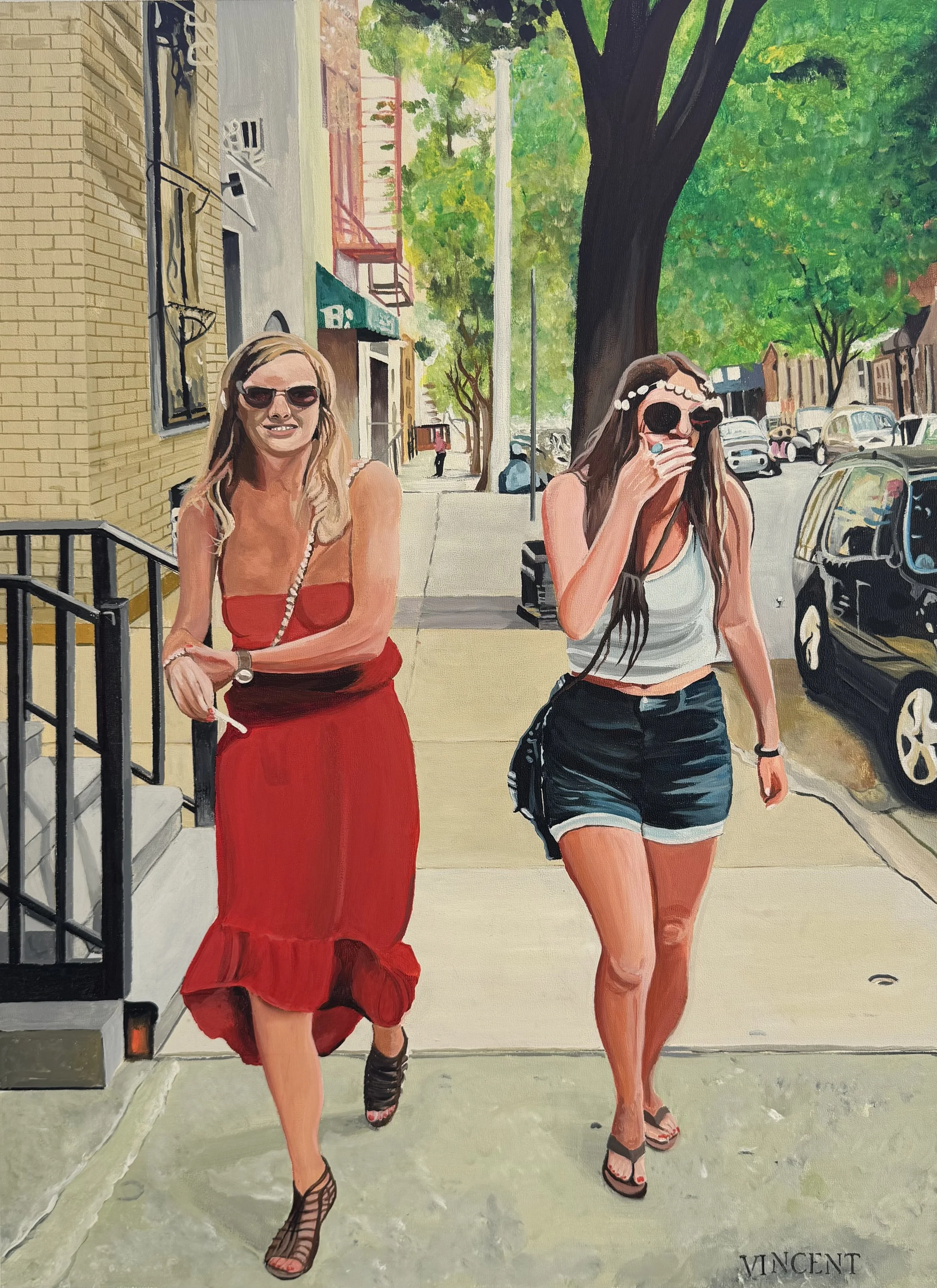 This is a painting of two friends who, apparently are having fun in Queens, NY. This is acrylic on gesso board/ 18'' x 24"/'Girls just wanna have fun!'. Cost: $800.00.