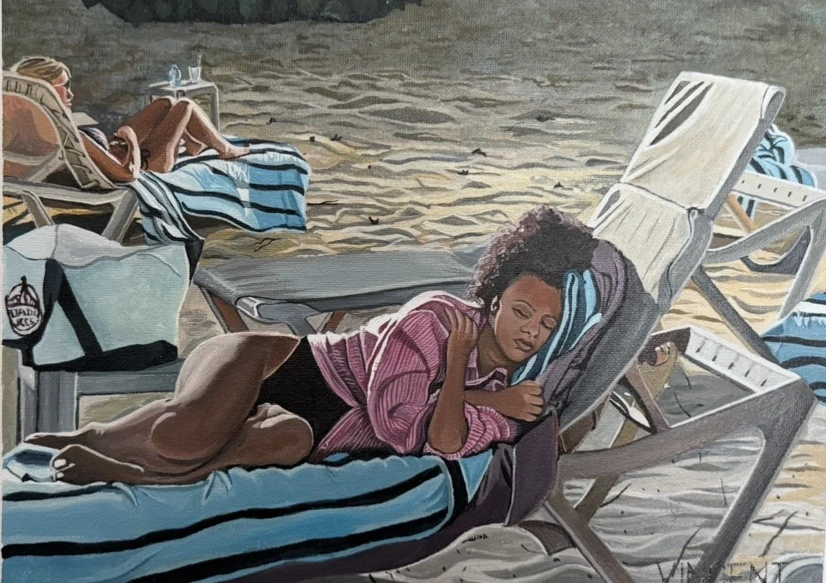 While walking the beach in Barbados, we found this young lady taking a nap.  After photographing the area, I decided to arrange the composition accordingly, capturing the effect of sunlight on each of the subjects, including the sand.  The painting i