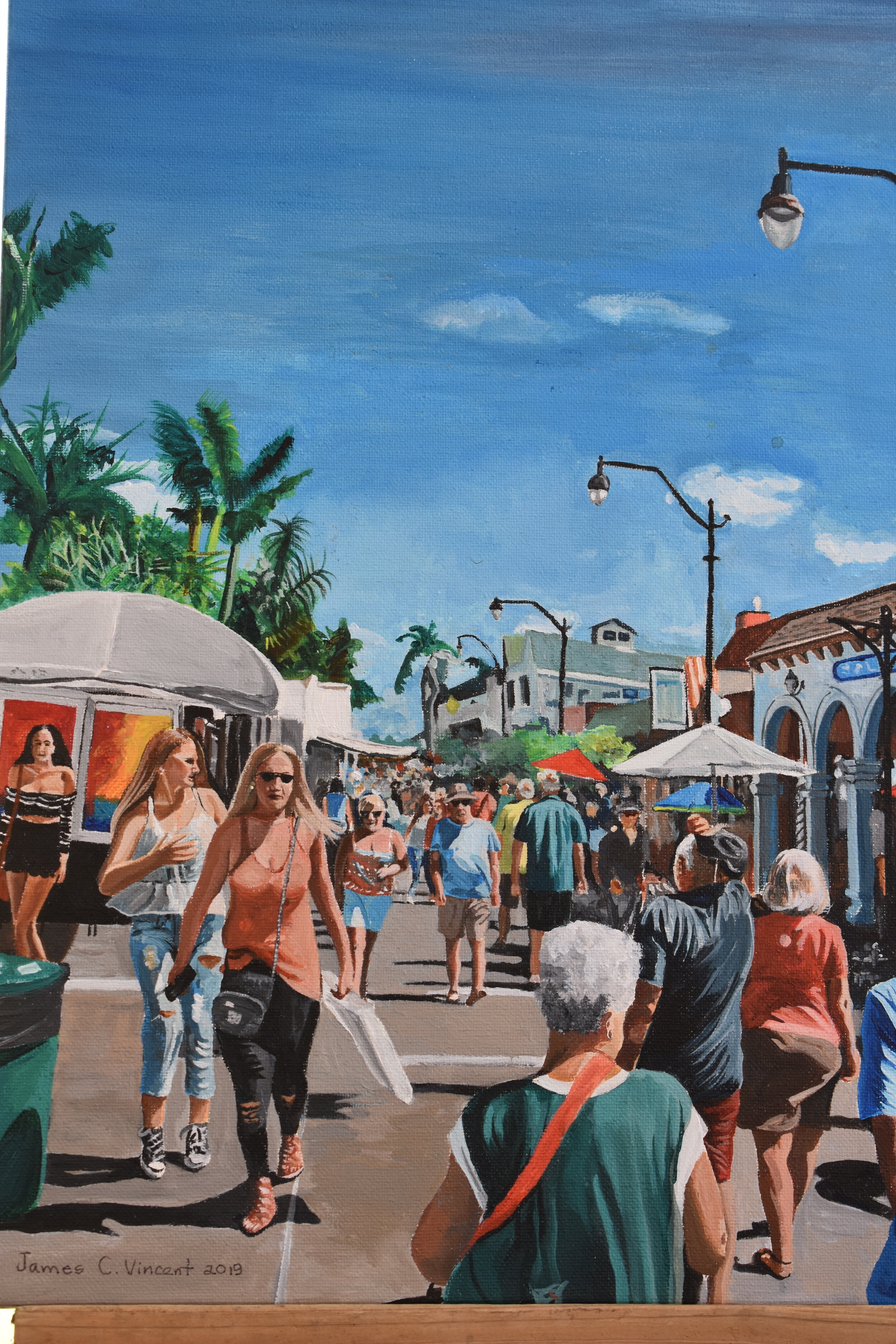 This painting is also of a Florida community downtown art show. It is 18" x 16", painted in acrylic on stretch canvas and titled appropriately, 'Art Show in Venus'. I tried to capture the characteristic gait of the retired folks, along with the color