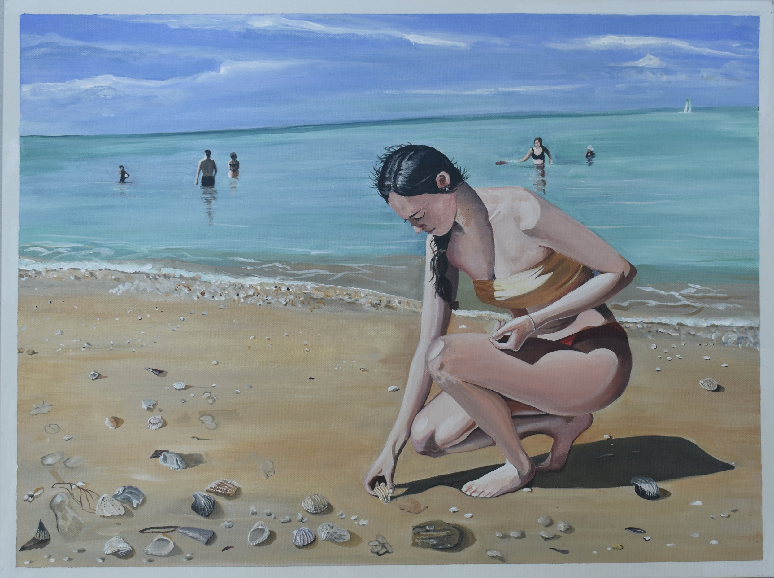 This painting is 18" x 24"/acrylic on canvas/'Searching for seashells on the Ocean Shore'