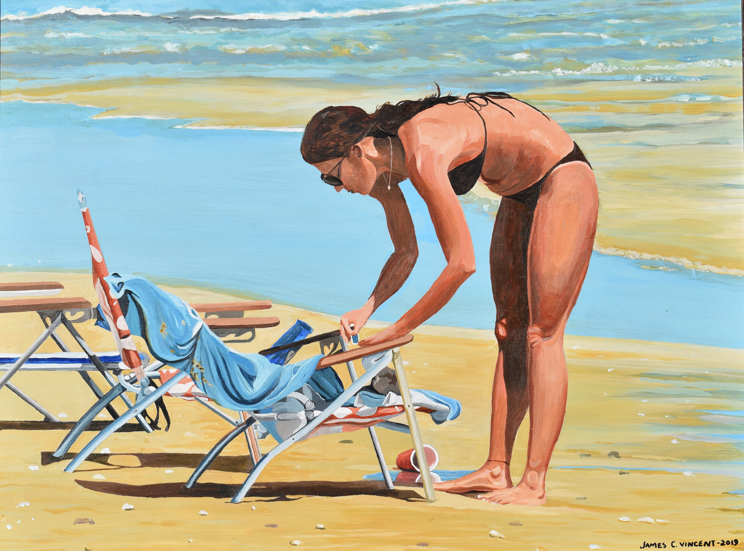 I was painted this image on the beach in the Outer Banks; the subject in the painting shows a young lady on the beach who couldn't find her glass; unbeknownst to her, it had spilled in the sand. The painting is 18" x 24", acrylic on gesso bd and I ti