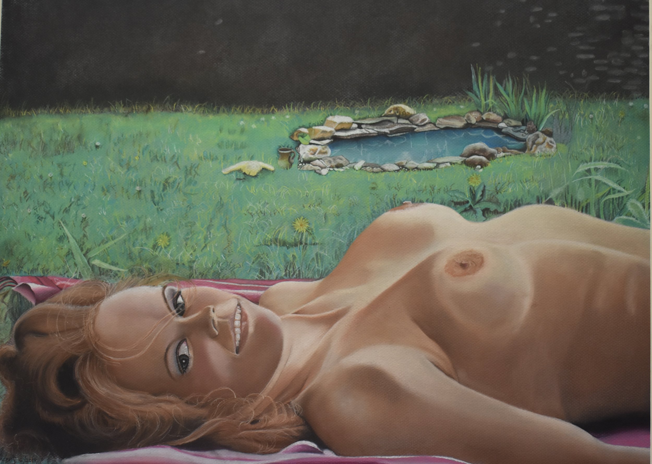 Title: 'Backyard Nude'/18" x 24"/Soft-pastel pencils on blue cason paper. ($800.00)