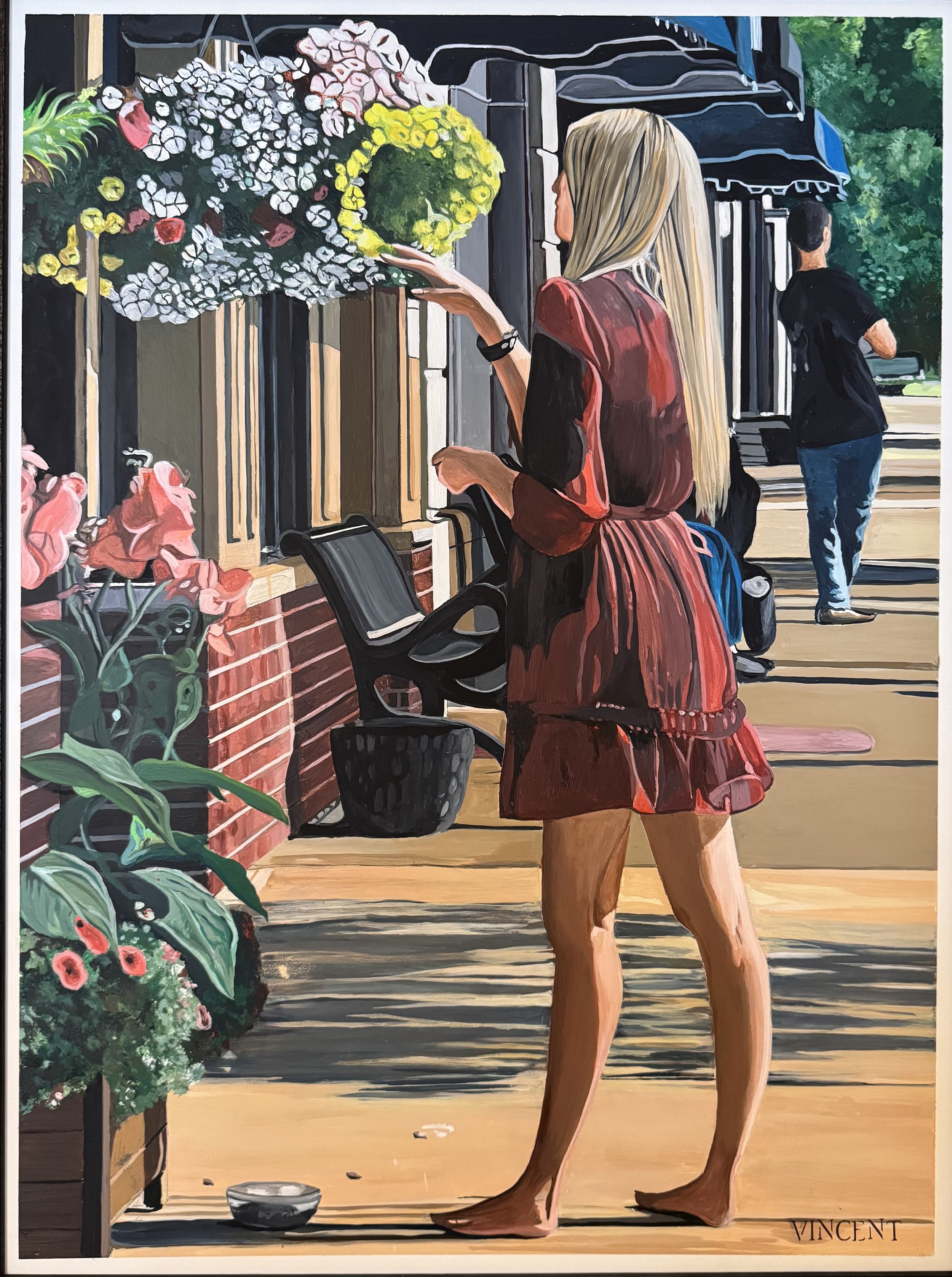 This painting was inspired by the song, 'The Flower Girl' by the Cowslips. Acrylic paint on gesso board/18" x 24'/ 
'The Flower Girl'. (cost upon request)