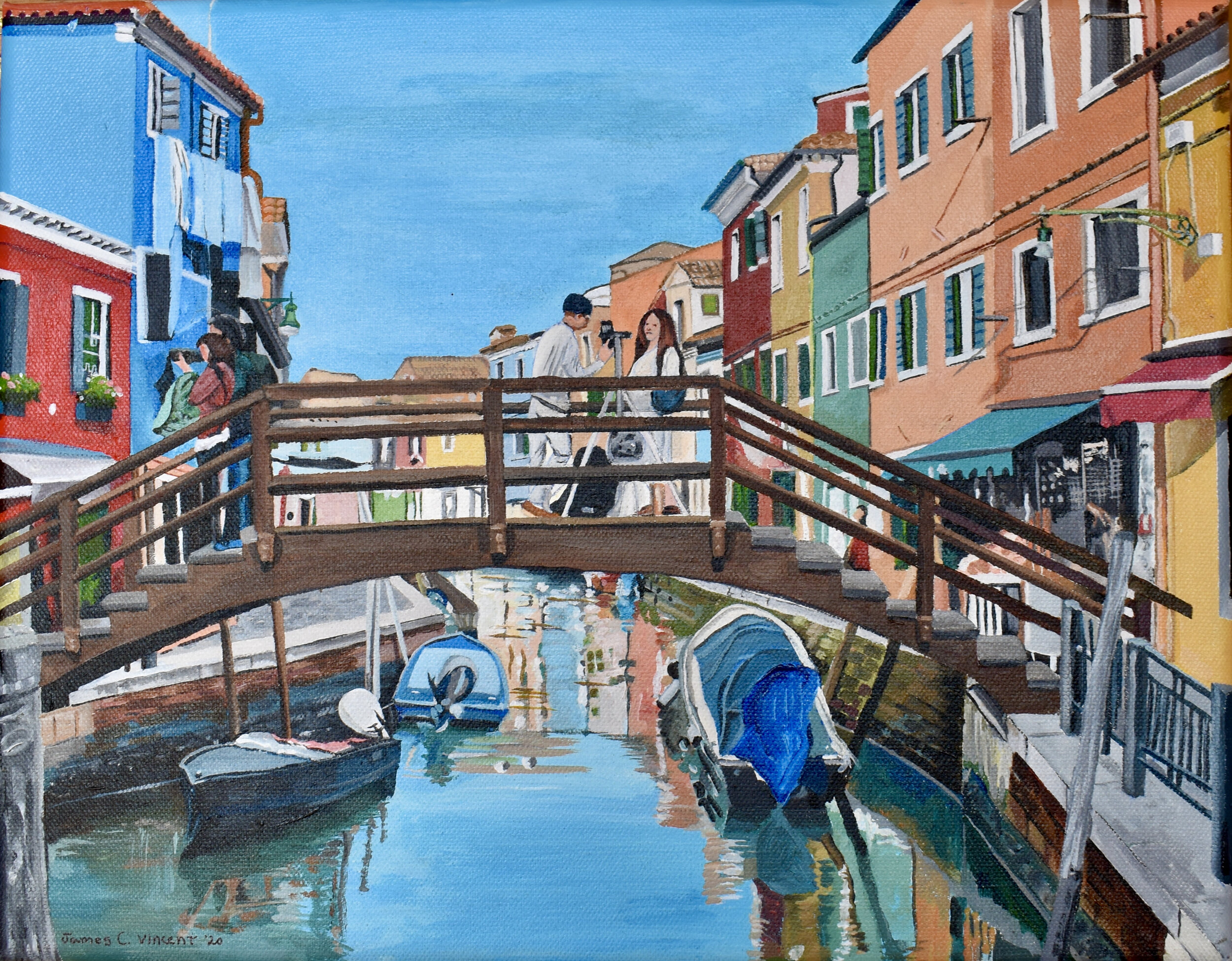 This painting is of a place in Burano, Italy. I found it to be a quaint, colorful town with much to offer in terms of wonderful restaurants, market places and natural aesthetics. I contacted our tour guide when the painting was completed and gave him
