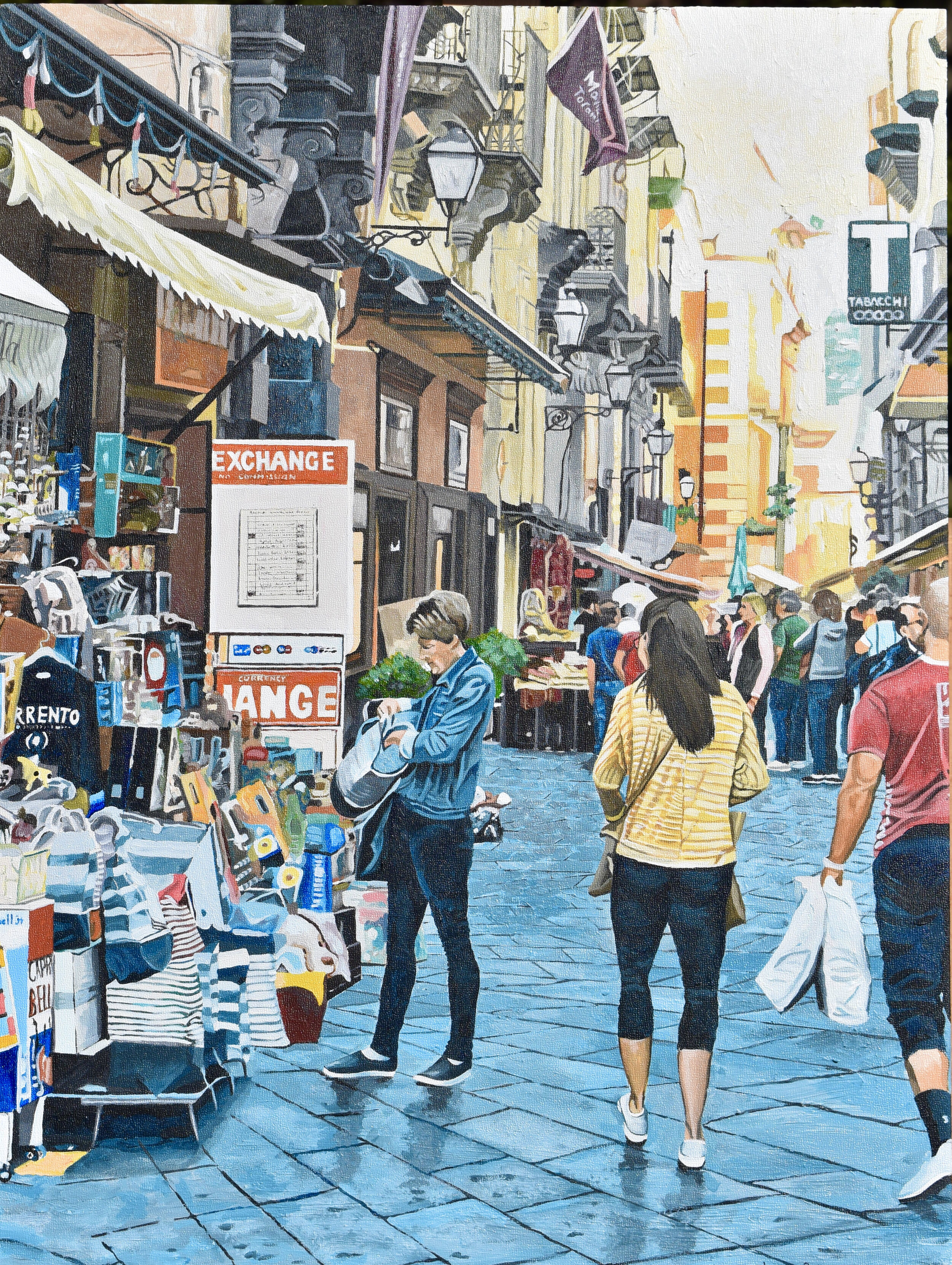 This painting is 18"x24"/acrylic on gesso board and is titled, 'Shopping in Sorrento, Italy'.  I placed heavy emphasis on detail and the unique show of dramatic sunlight peaking around the corner of the market place.  The image was inspired by my tri