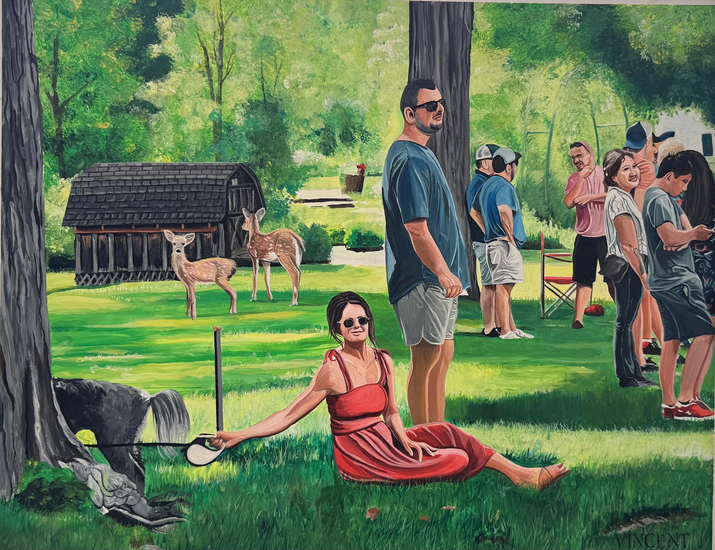 I was at a 4th of July parade near Cleveland, Ohio and these people were part of the onlookers.  When I went to photograph them, I noticed the woman in red seemed to notice me doing so and thus, she smiled accordingly.  I added the wild deer and the 