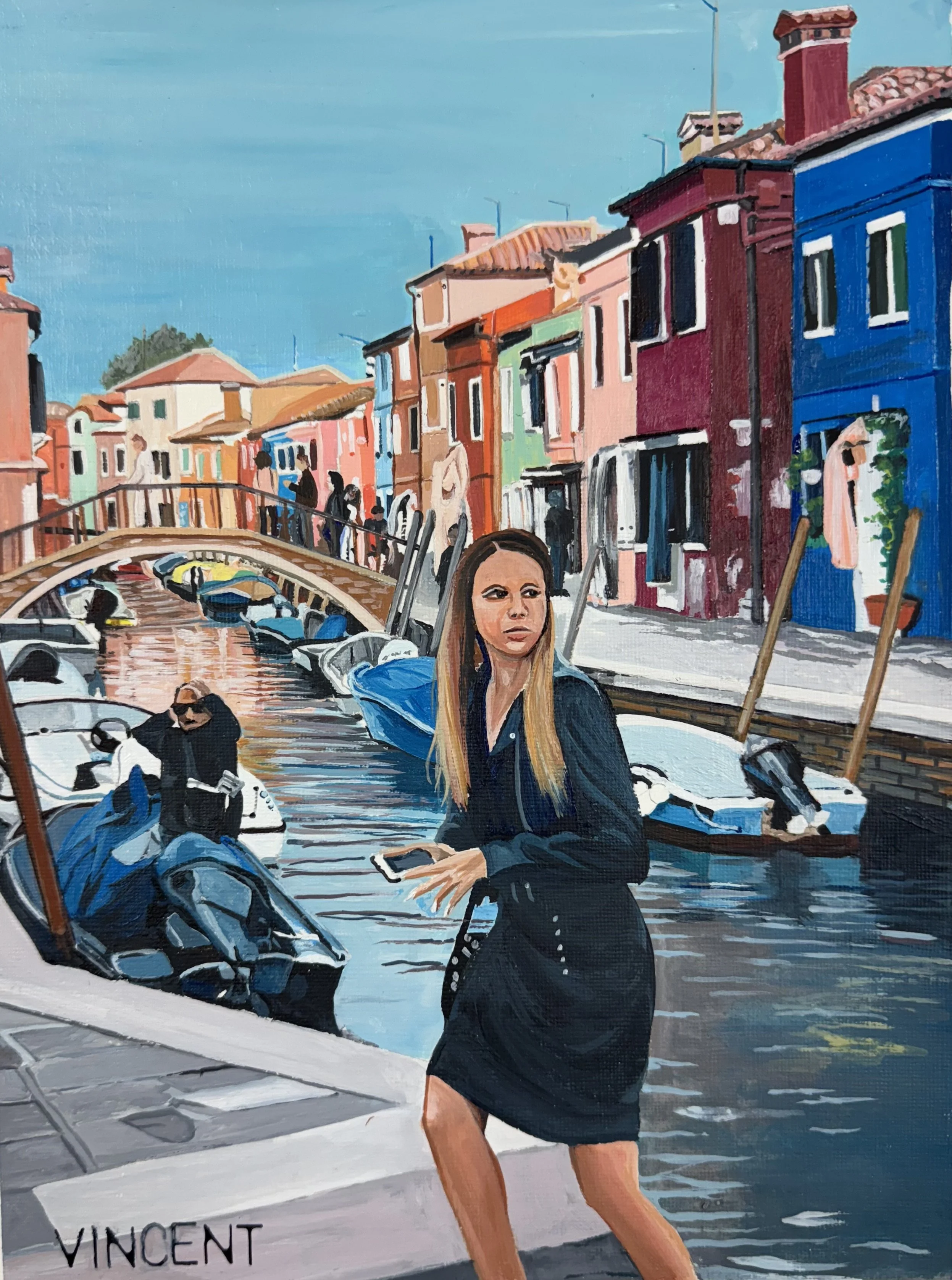This painting is from an image on the island of Burano; I don't know who this young lady was in the phot, however she does add an element of intrigue to the painting. I titled it 'Stepping of the pier on the Island of Burano, Italy'/ 9 1/2' X 12"/SOL