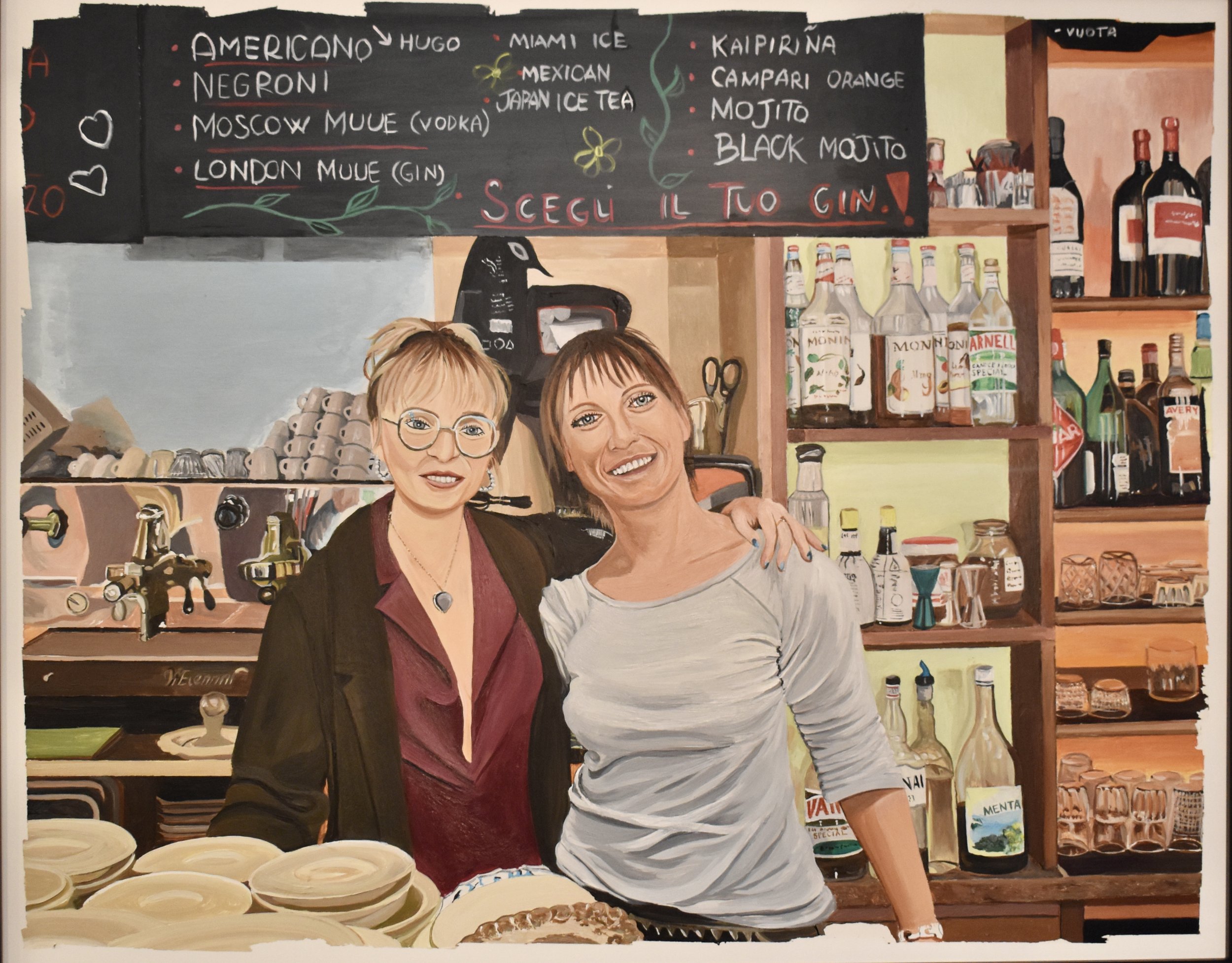 This acrylic painting is on gesso board and measures 16"x 20".  While traveling through Venice, Italy, I encountered these two lovely young ladies as the hostesses at a local bar.  I thought this would make an interesting painting as it illustrates t