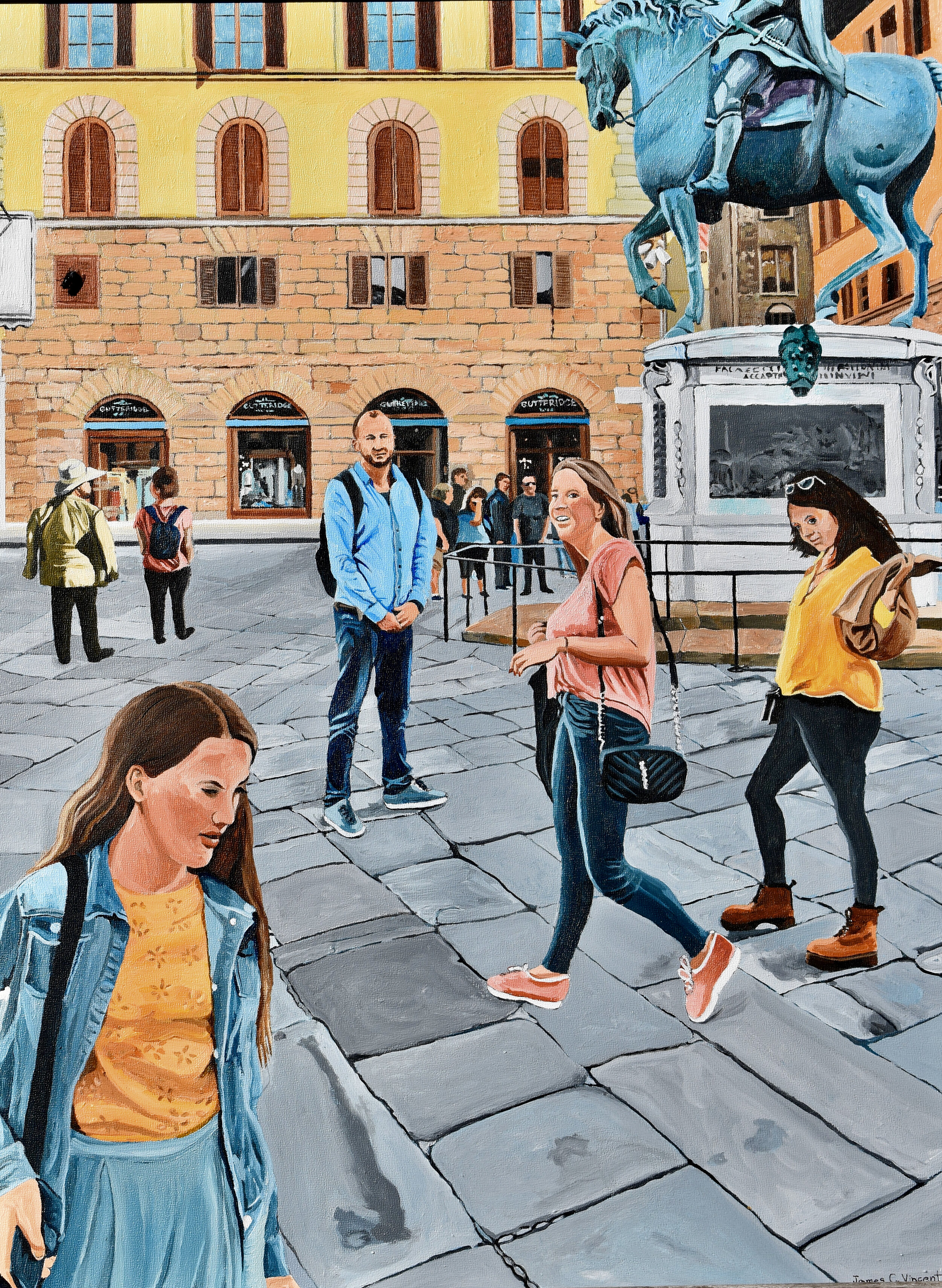 This is another image from my trip to Italy in 2019. The two young ladies were walking across a famous square in Florence as this young man was staring at them. When they noticed him, he immediately looked away. Busted! This  illustrative painting is