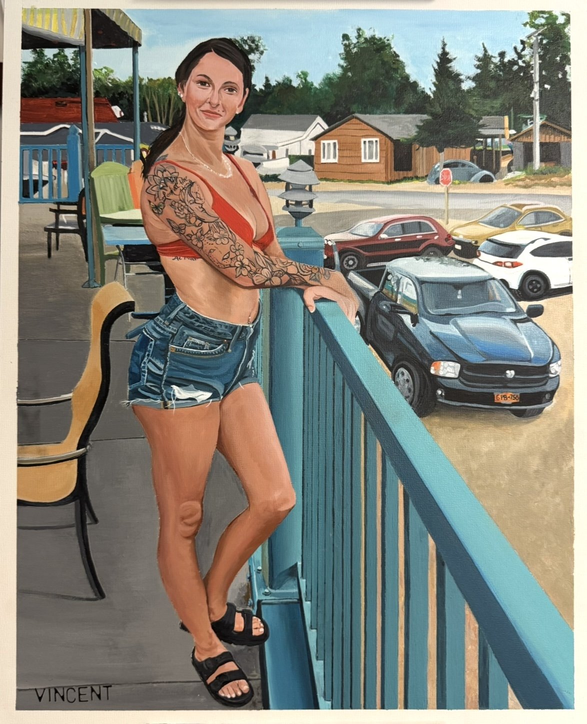 This young lady was at a summer beach resort in western New York State (Sunset Bay Beach/Cabana Sam's). I was taken in with all of her tattoos and she was kind enough to pose for me so I thought it would make an interesting portrait. The painting is 