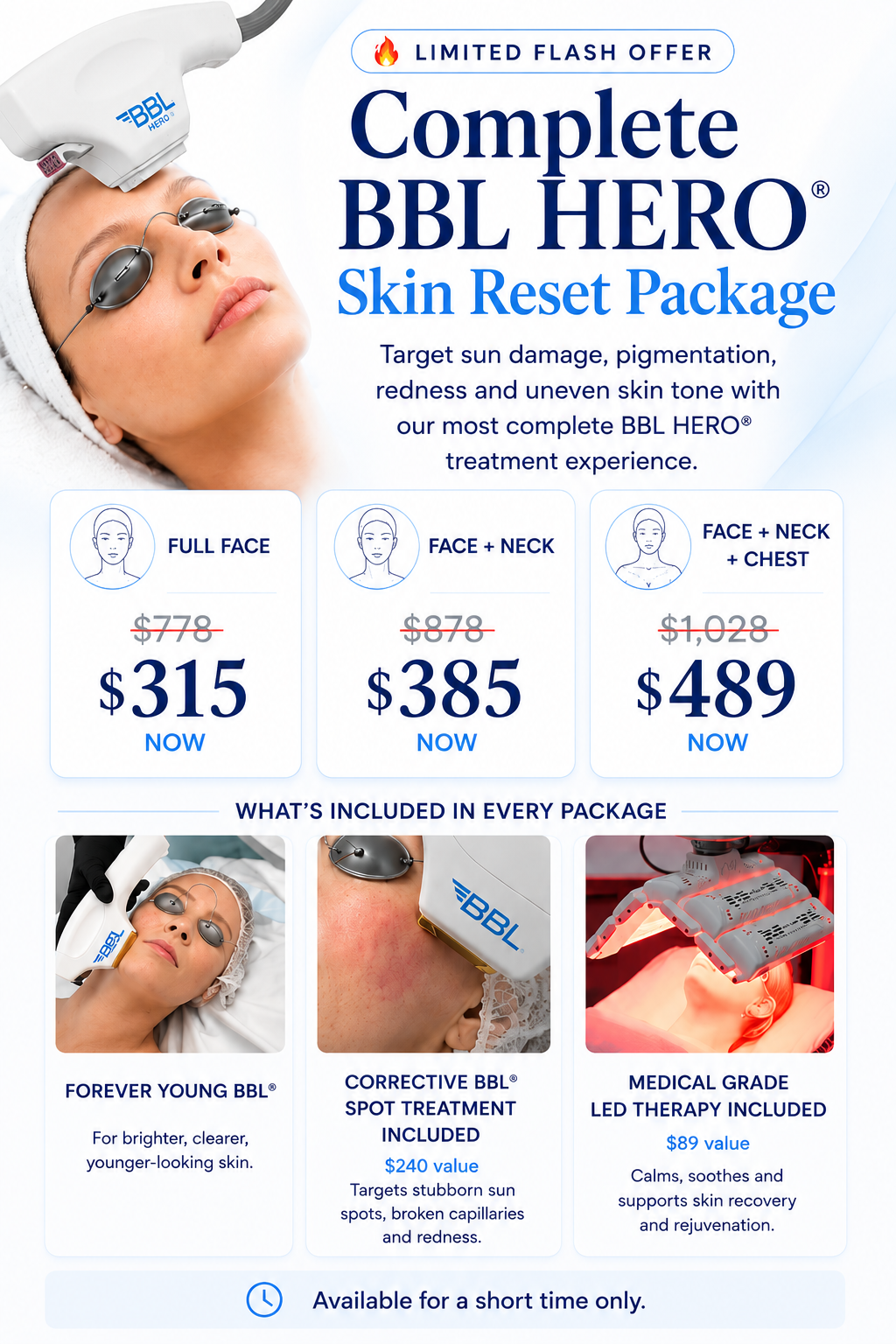 A promotional flyer for a skin reset treatment package offering various options for full face, face and neck, or face, neck, and chest, with prices ranging from $315 to $489. The flyer highlights included treatments, such as a laser device, BBL spot treatment, and LED therapy, with images demonstrating procedures on a woman's face.