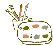 Illustration of a palette plus a cup with paintbrushes and an Exacta knife