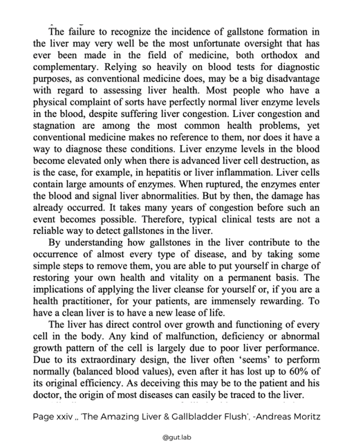 Text discussing the importance of recognizing and diagnosing gallstone formation in the liver, emphasizing the limitations of conventional blood tests, the role of liver enzyme levels, and the significance of liver health in diagnosing liver conditions.