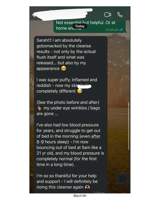 Screenshot of a chat conversation on a phone, discussing a person's experience with a cleanse, skin condition, and blood pressure, with a sunset outdoor background.