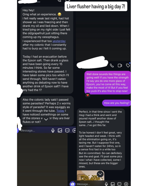 A screenshot of a WhatsApp conversation with texts about a person's health issues, including a liver flush, an evacuation, passing parasites, and feeling weak, with purple and pink message bubbles, and a red love heart emoji.