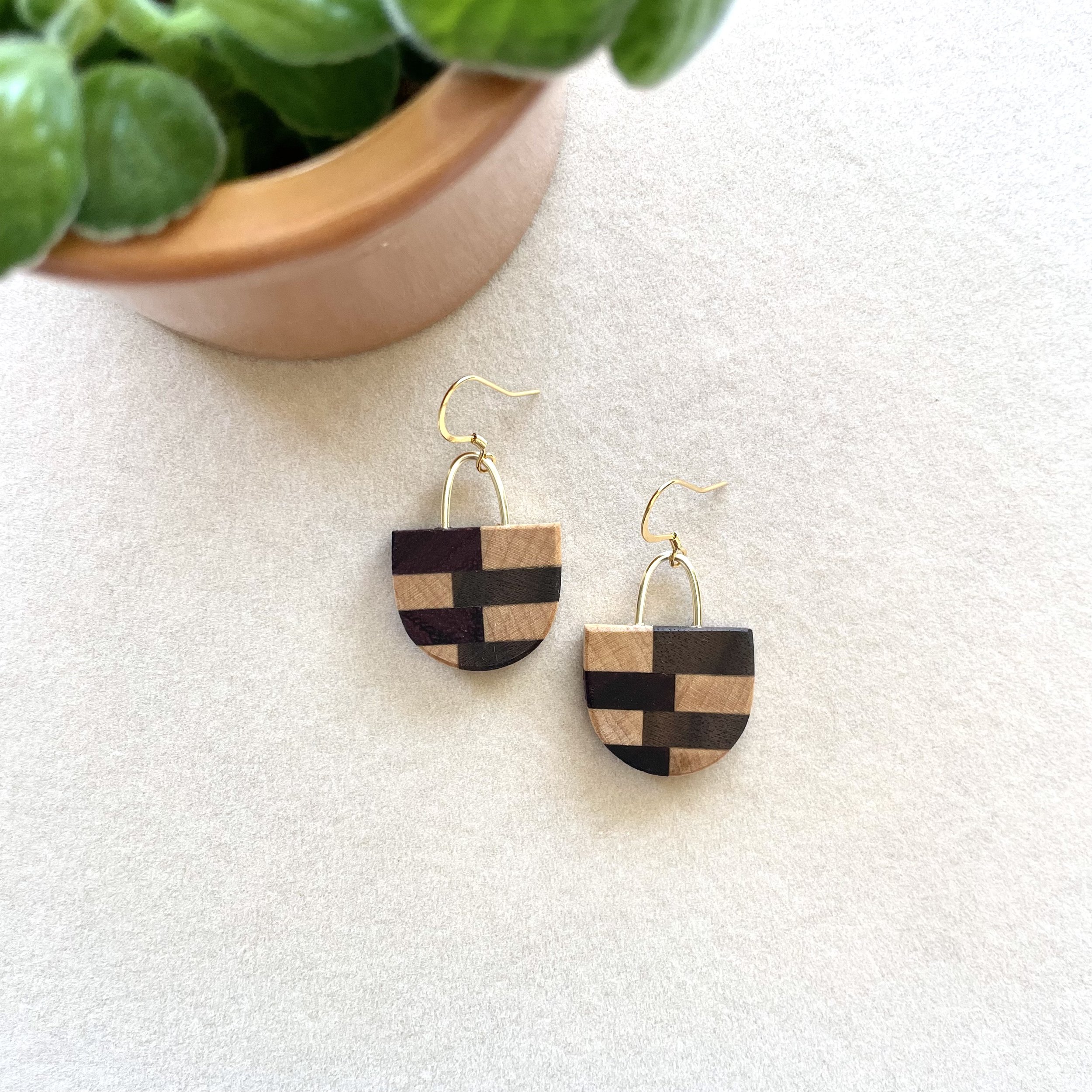 Checker Earrings - multi wood