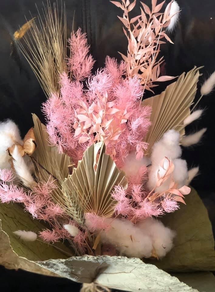 bouquet of dried flowers like banksia and ruscus, in pink tones, for delivery in Brisbane, Wellington Point and the Redlands.