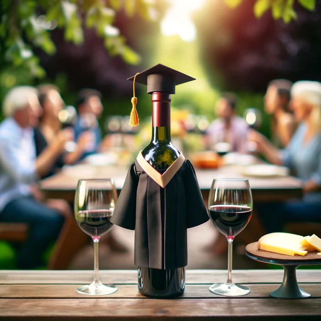 DALL·E 2024-05-04 13.15.18 - A whimsical image of a wine bottle dressed in a black graduation gown and cap, standing on an outdoor wooden table surrounded by an abundance of elega.png