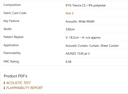 Example of Acoustic commercial fabric specifications
