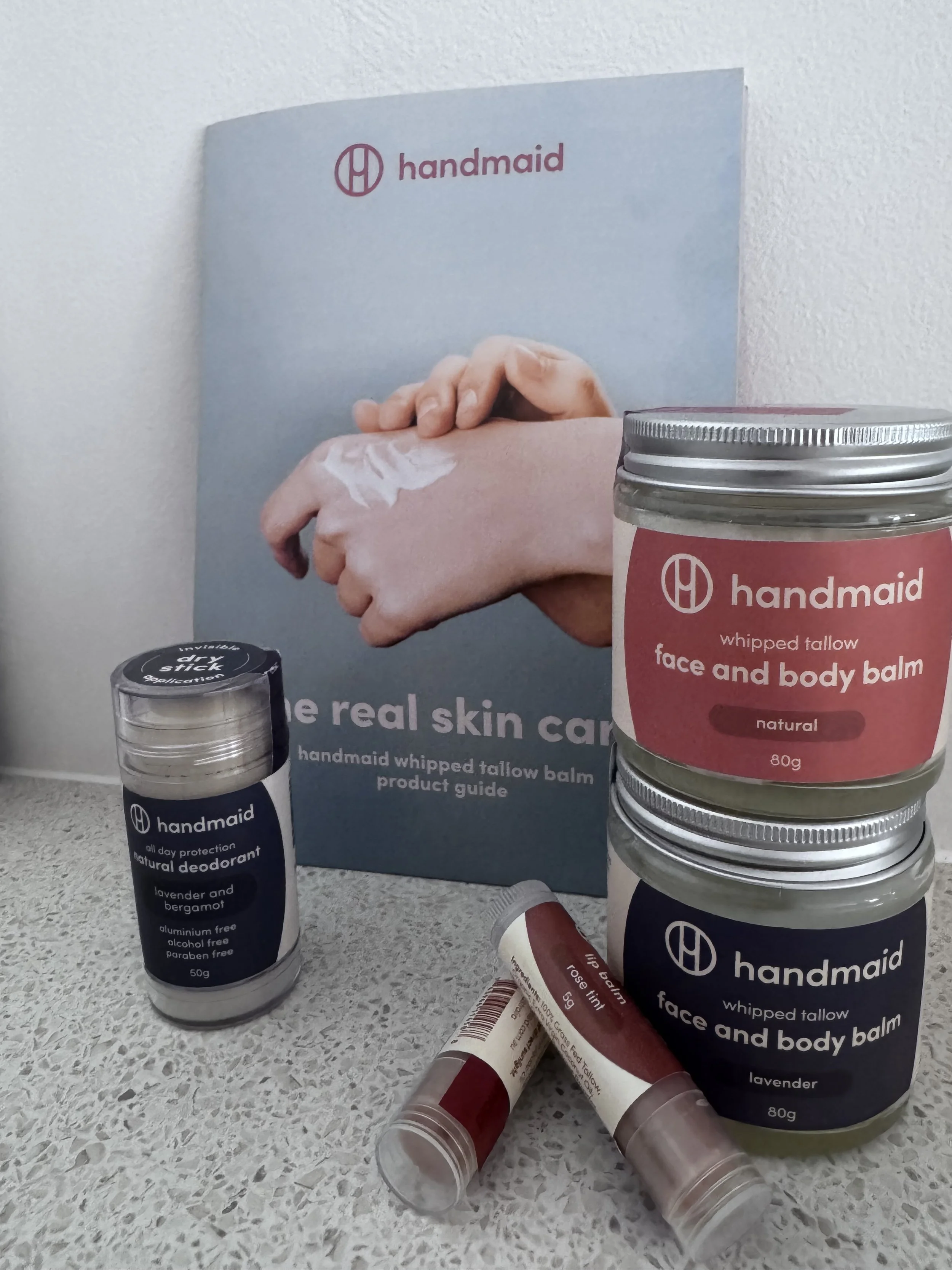Handmaid -Australian-made, natural skincare items featuring 100% grass-fed tallow, often combined with organic jojoba oil and essential oils