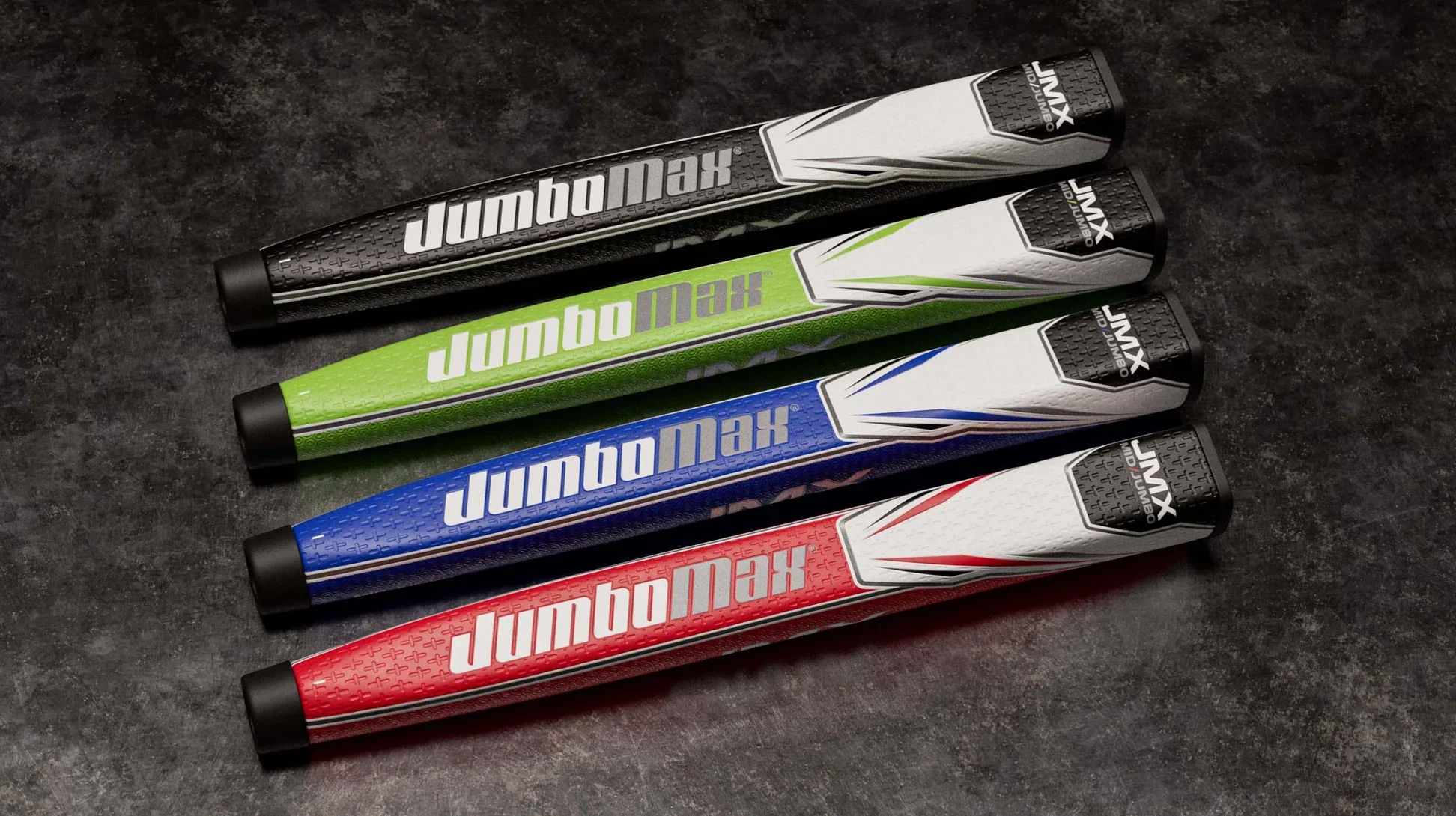 A set of five JumboMax sports grips in black, green, blue, red, and white, arranged horizontally on a dark surface.