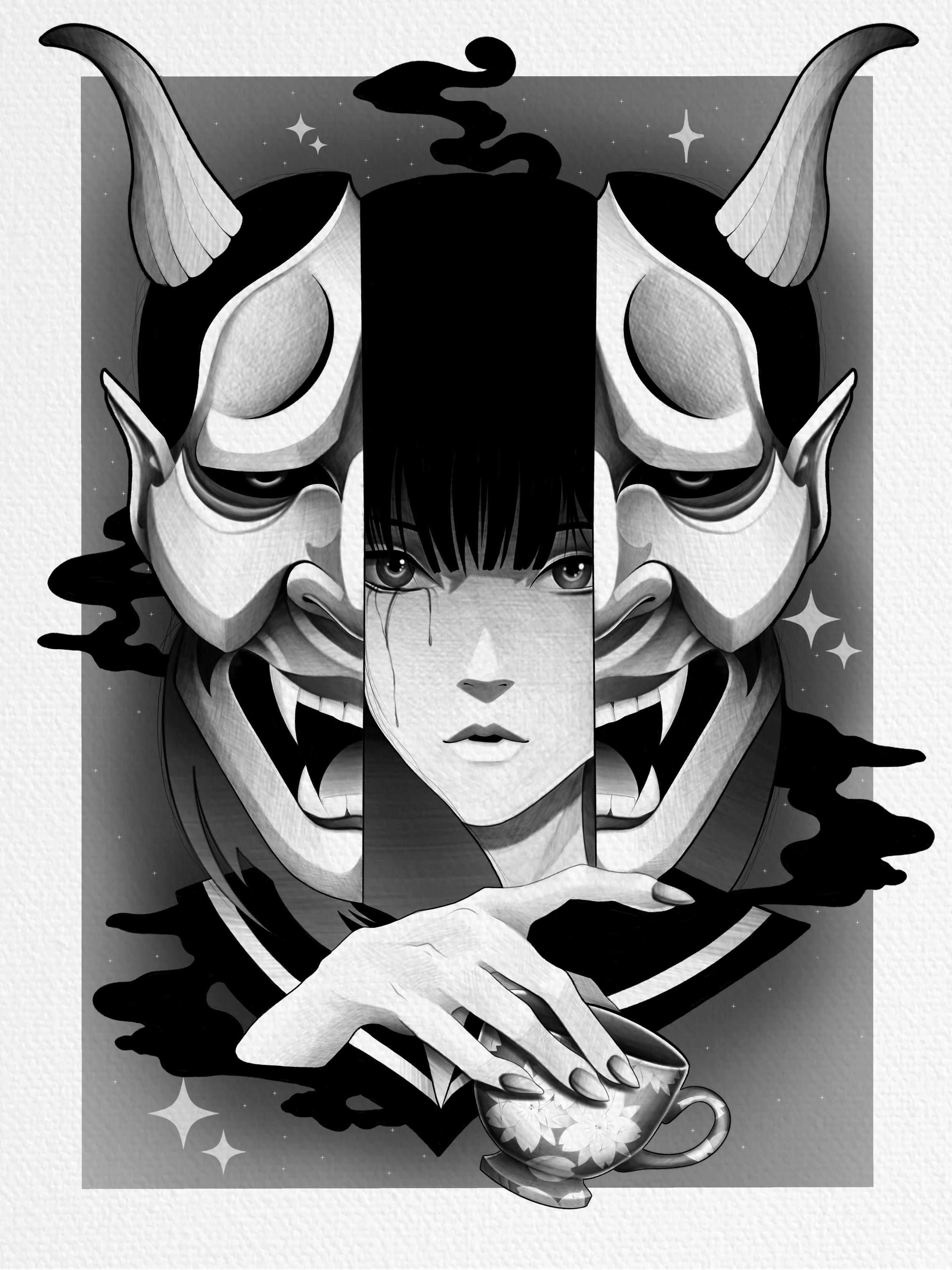 Black and white illustration of a woman with a demon mask hovering around her head, drinking tea from a floral cup, with a dark, starry background.