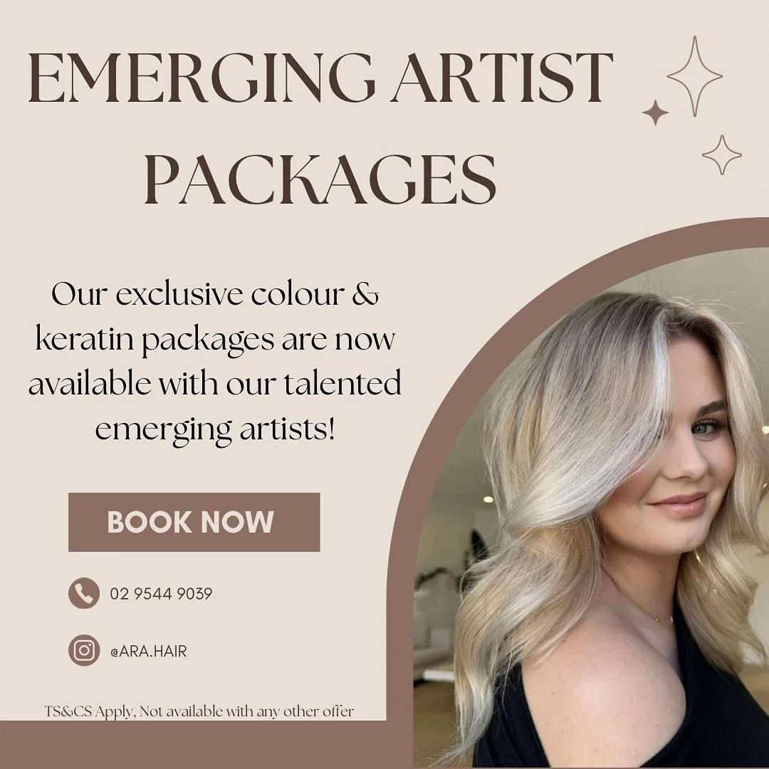 EMERGING ARTIST PACKAGES 🙌✨
Experience beautiful hair transformations with our Emerging Artists! 
Enjoy exclusive savings on:
💫 Foil Packages
💫 All Over Colours 
💫 Keratin Smoothing Treatment 
Whether you’re after fresh blonde foils, a f