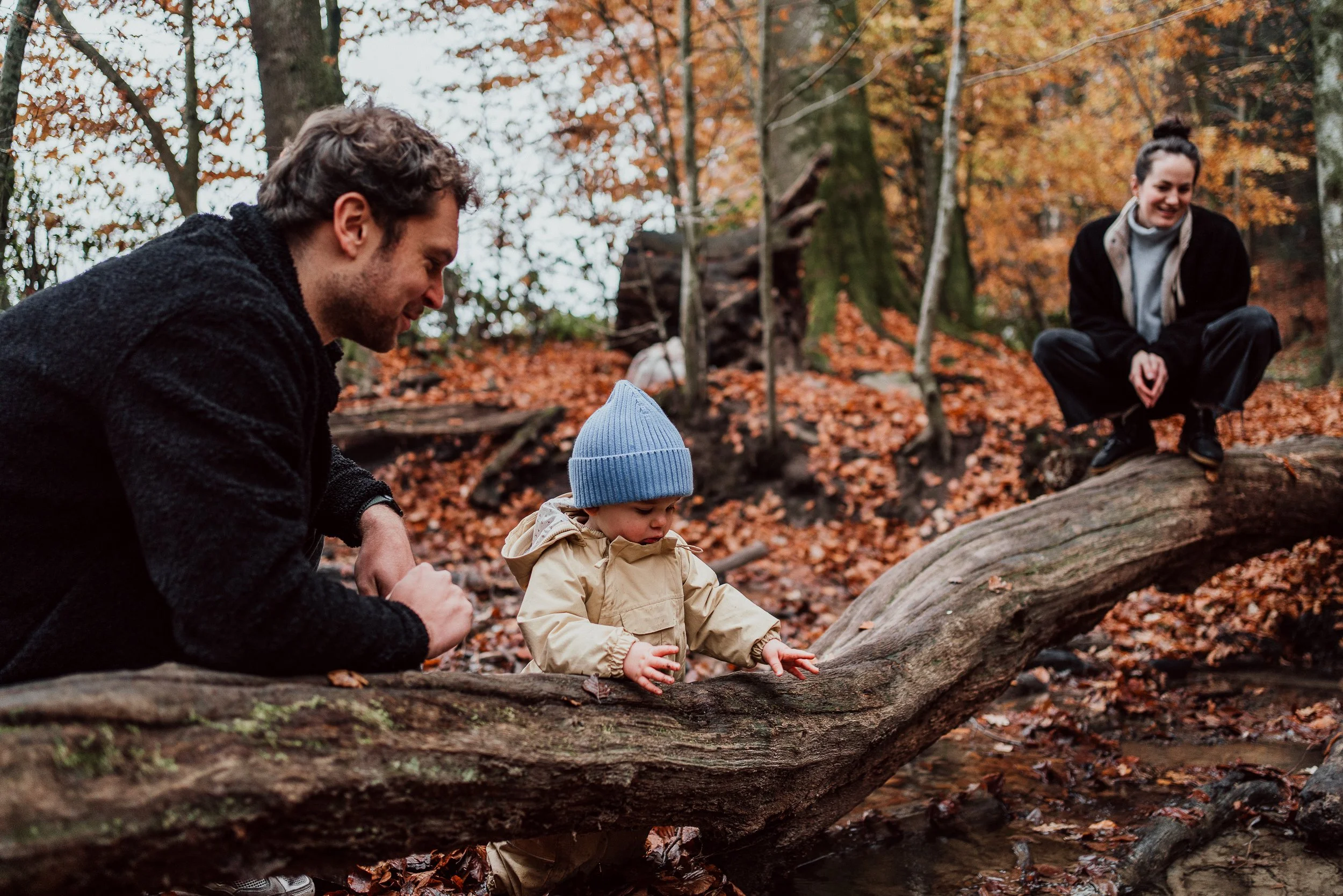 Drei Personen, ein Mann, eine Frau und ein kleines Kind, spielen auf einem umgefallenen Baum im Wald im Herbst I Familienfotografie Luzern