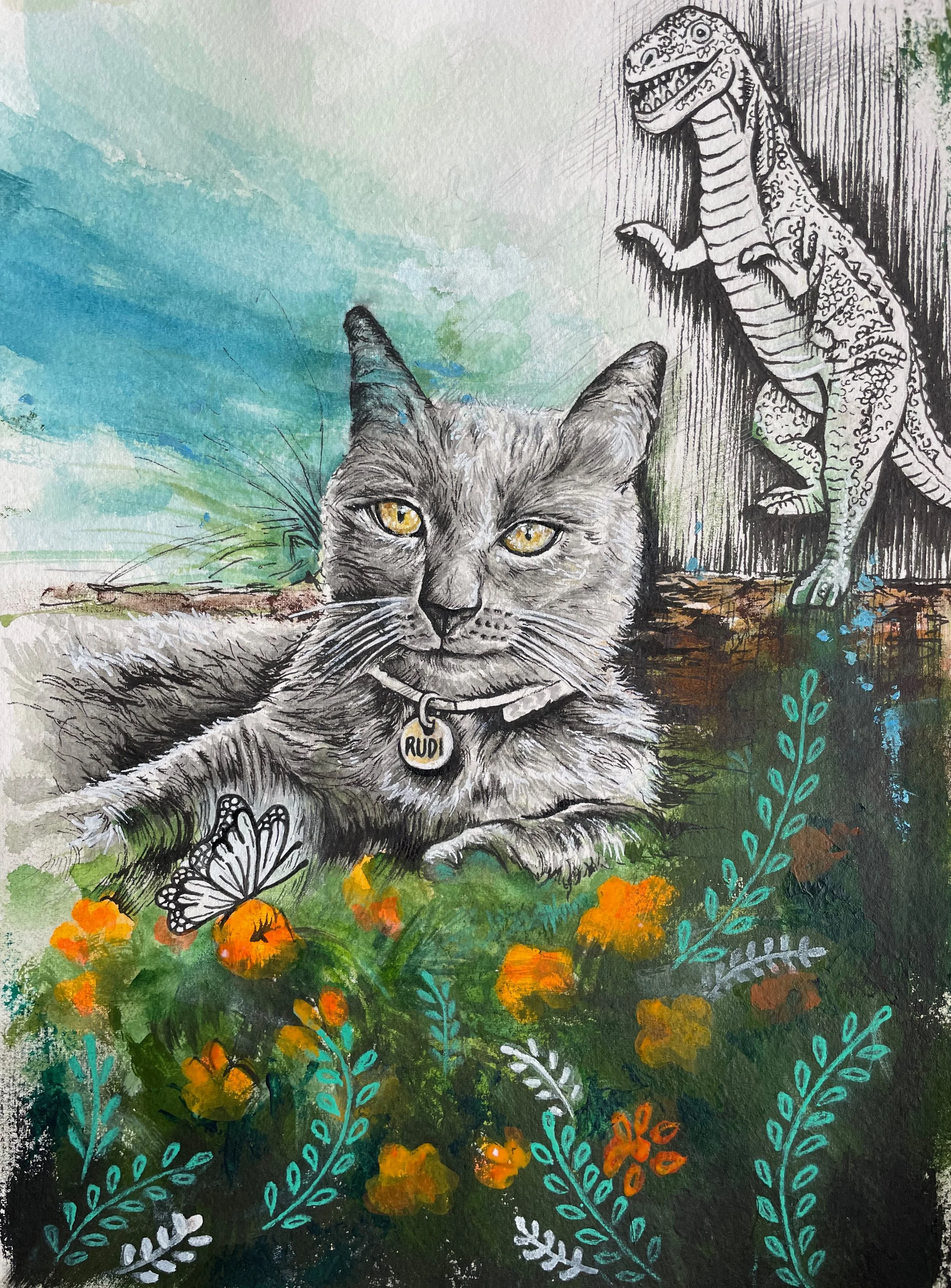 Painting of a cat sitting in flowers