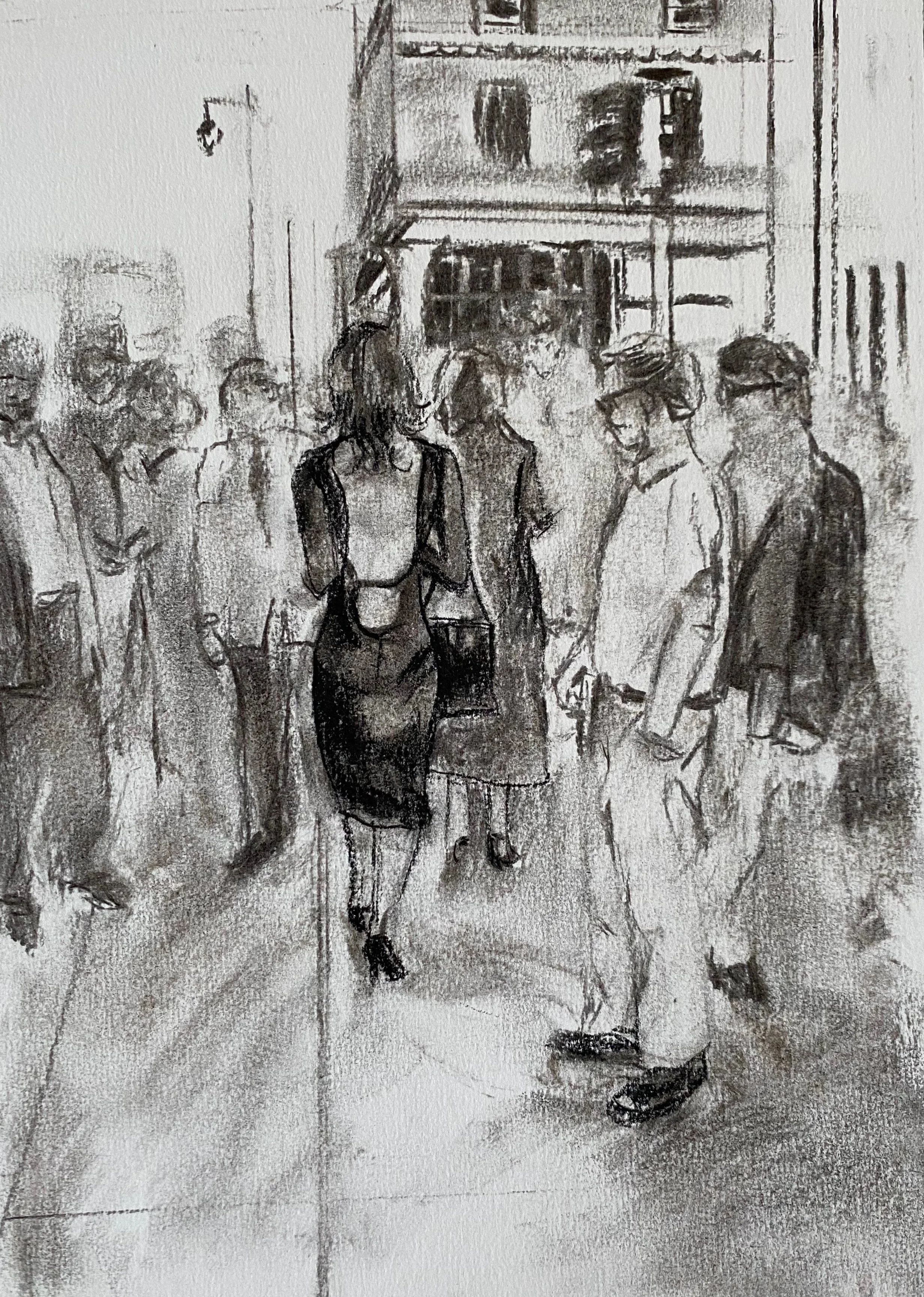 Black and White Drawing of a Woman walking