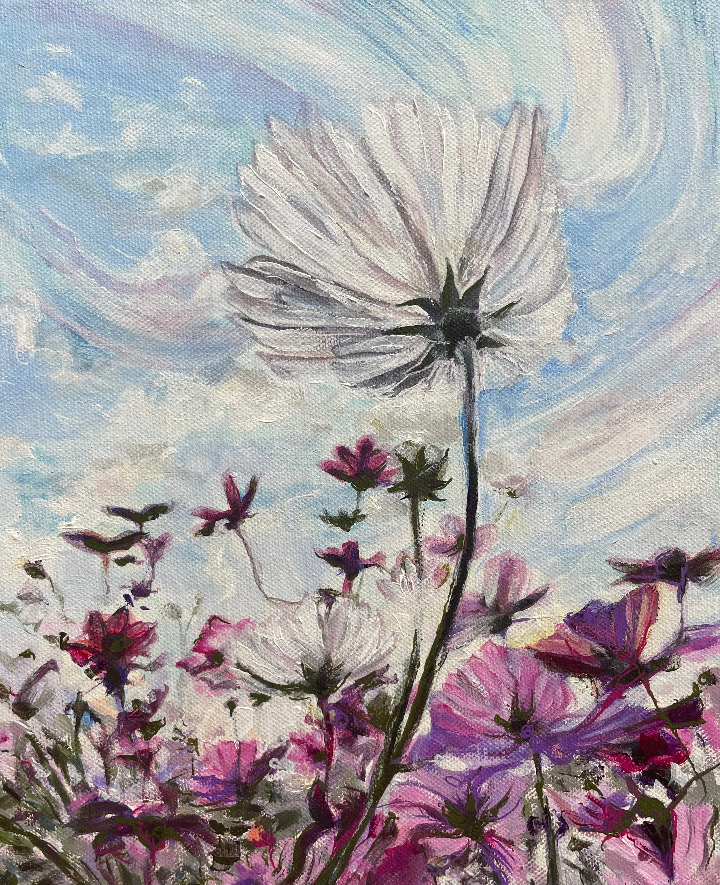 Painting of flowers in a field.
