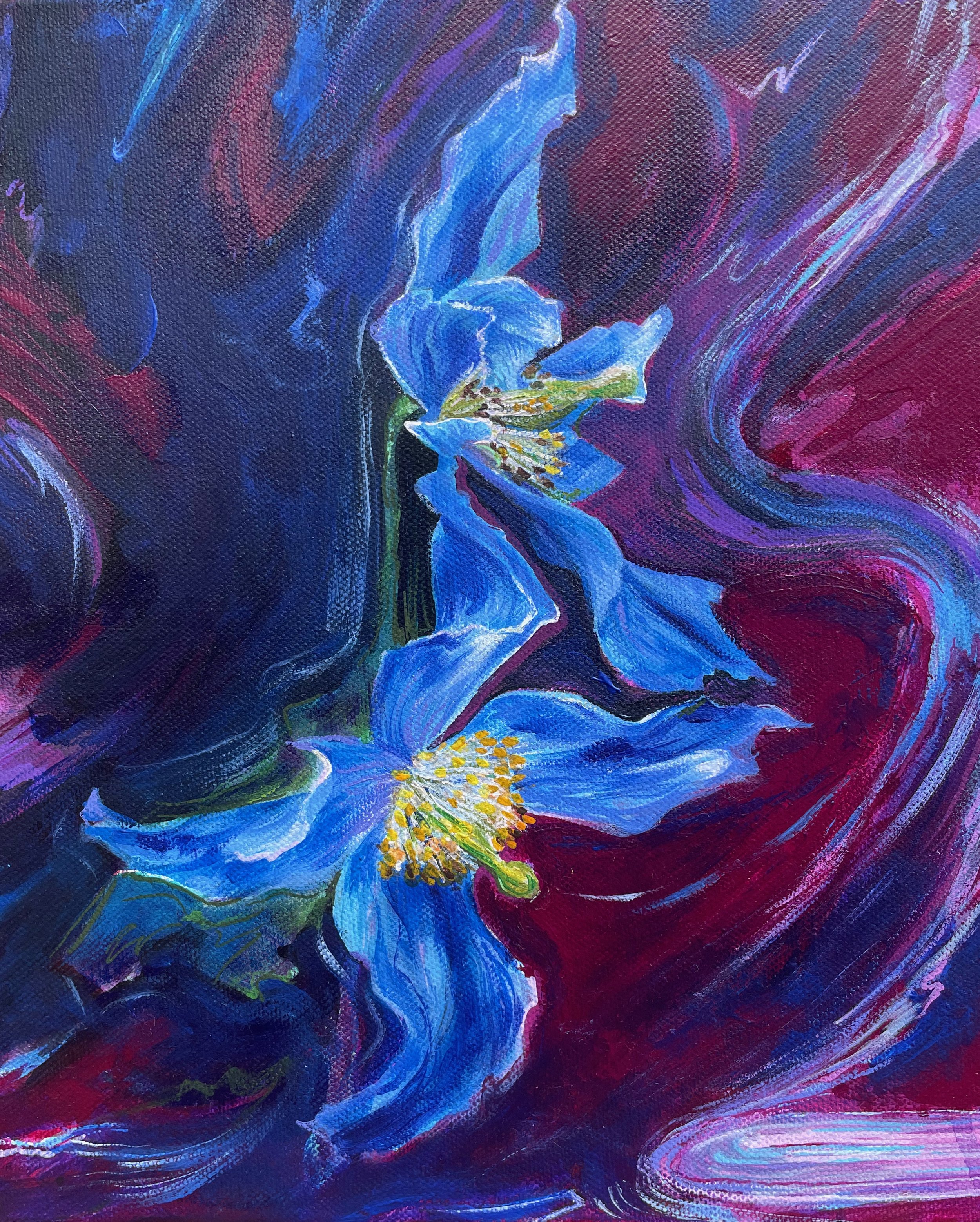 Painting of Blue and Purple Flowers