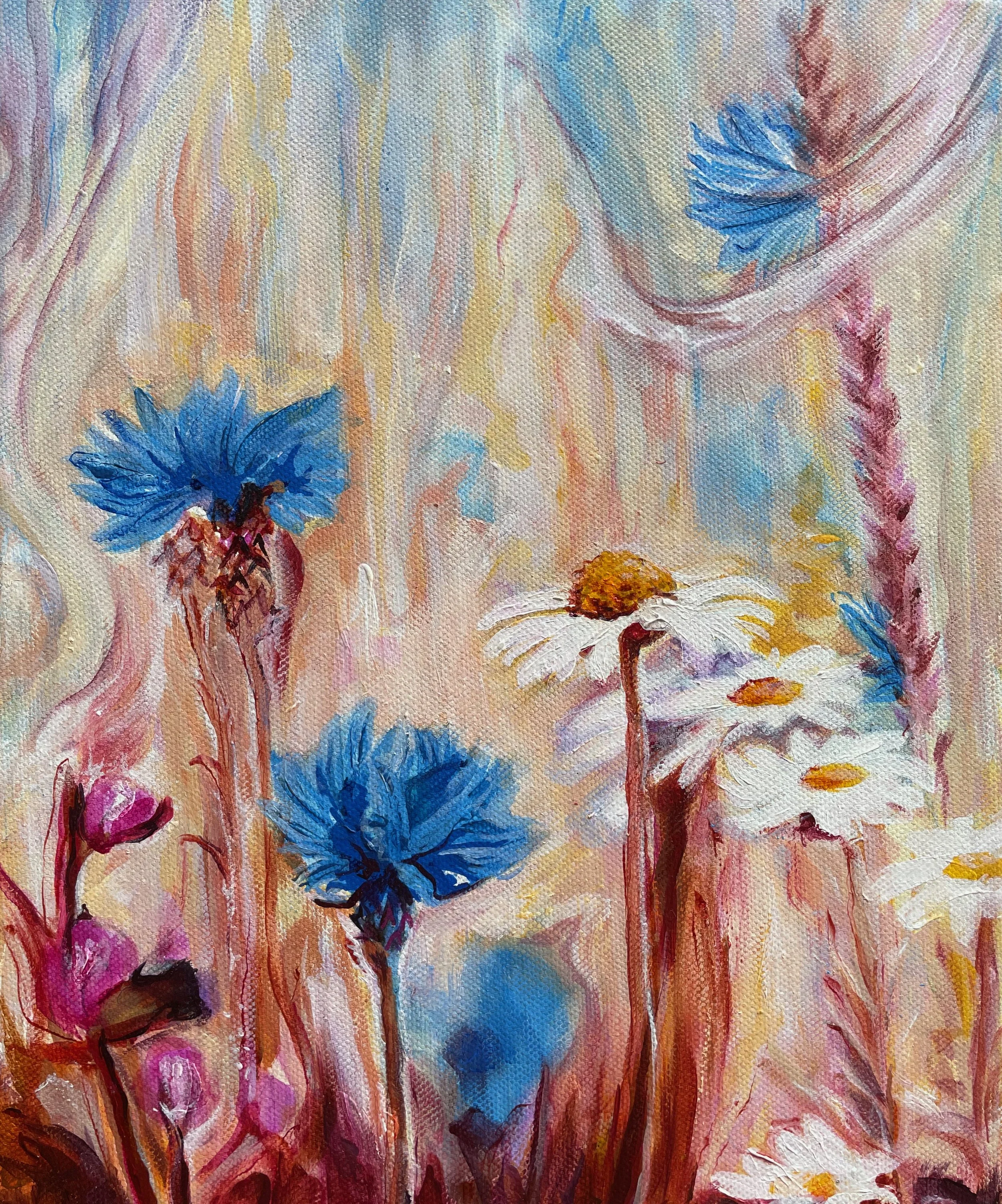 Painting of Blue Flowers and Daisies