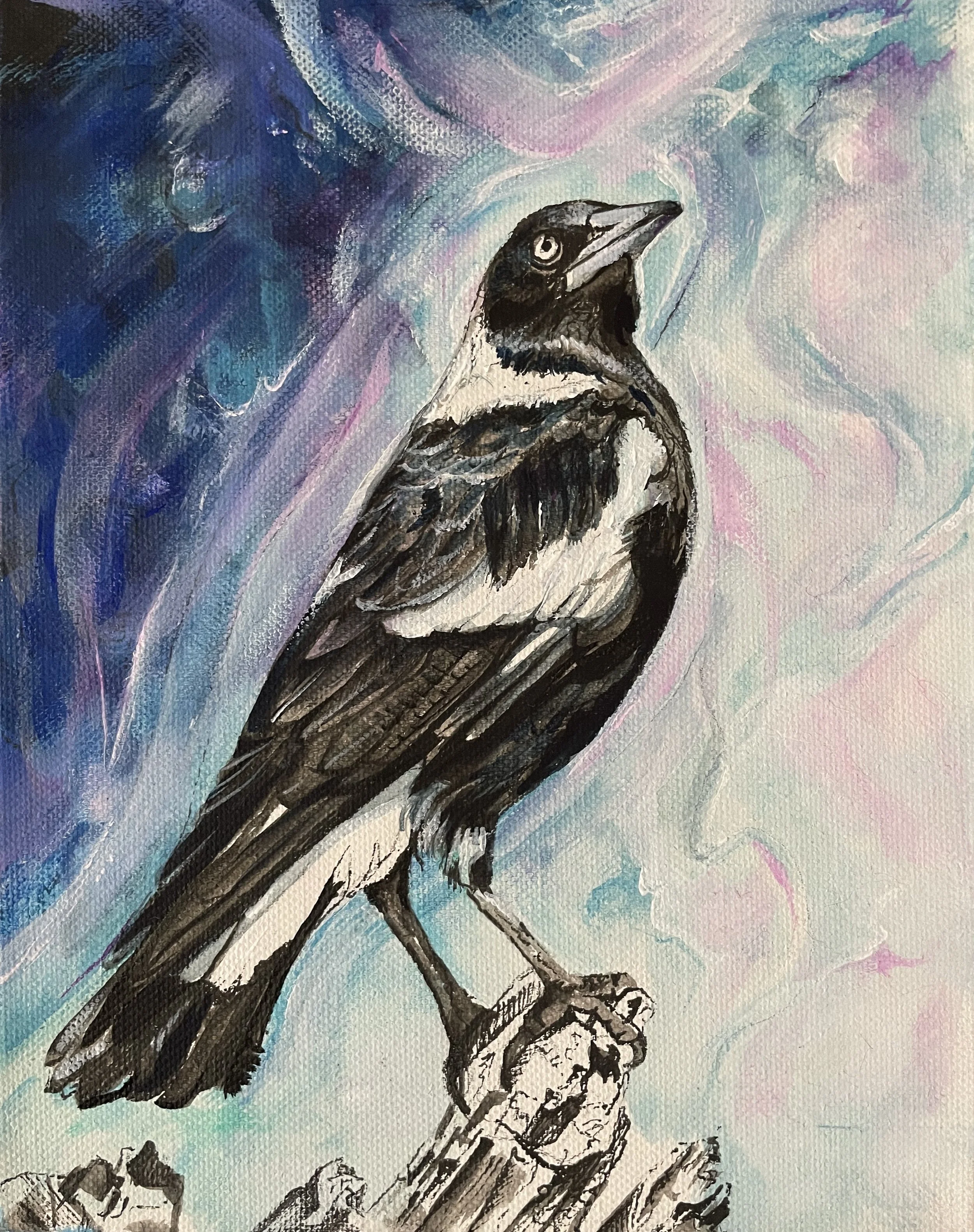Painting of a Magpie on a branch