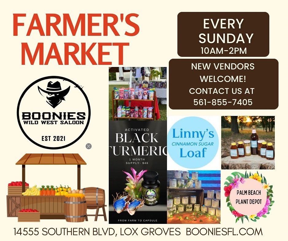 Farmers Market every Sunday! 
Don&rsquo;t forget to try out our new Brunch menu! 🧇🍳

#brunch #boonies #farmersmarket #sunday #food #drinks #wellington #loxahatchee #westpalmbeach #florida #booniesww #booniessaloon #breakfast #mimosas