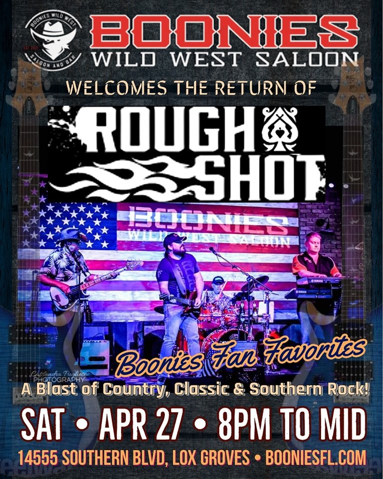Boonies Fan Favorites Rough Shot Band return to rock the stage this Saturday (April 27th) from 8PM to midnight!! Great guys, great vibes and great tunes await you. Come see for yourself why Boonies is Palm Beach's Favorite Place to Party! #livemusic 