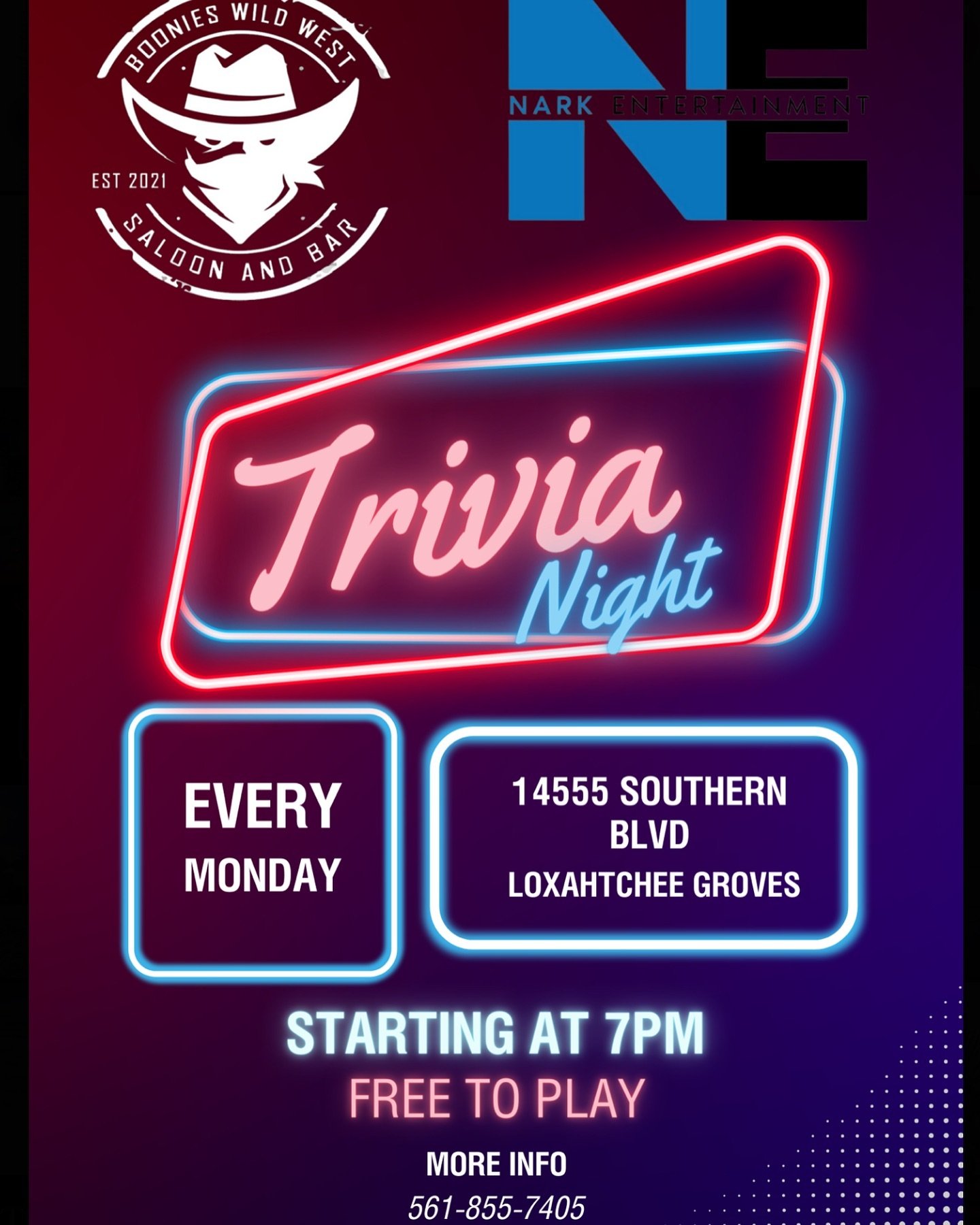 Change of Plans! 
Come join us every Monday for trivia! ✏️

#Boonies #trivia #fun #loxahatchee #wellington #booniesww #saloon #bar #food #drinks #beer #triviagame