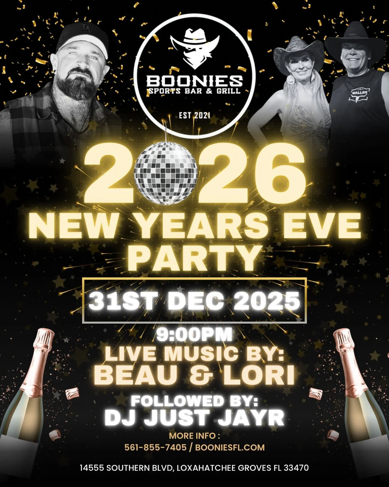 Promotional flyer for Boonies Sports Bar & Grill’s 2026 New Year’s Eve Party, featuring confetti, champagne bottles, performer photos, and event details including December 31, 2025 at 9:00 PM with live music by Beau & Lori followed by DJ Just 