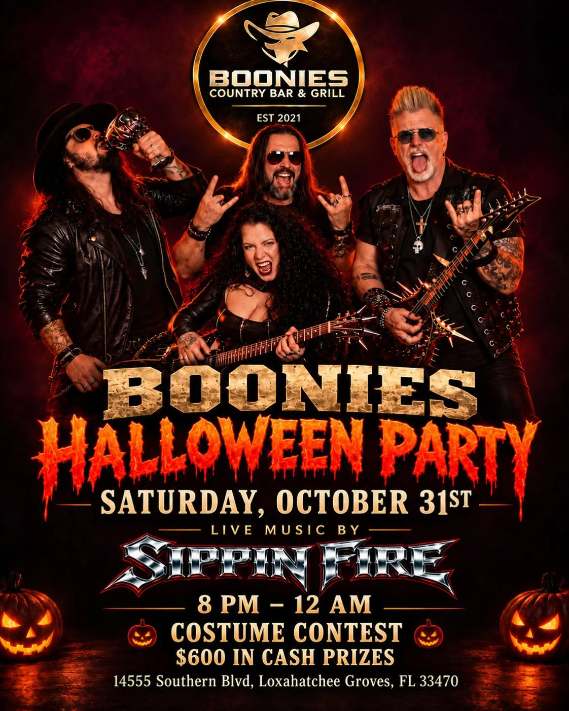 Boonies Halloween Party, Costume Contest with $600 in cash prices and Sippin' Fire Band performing live at Boonies Saturday, October 31st