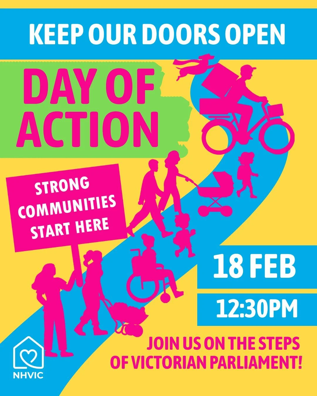 Keep Our Doors Open! 🏡

Neighbourhood Houses across Victoria are calling for adequate, sustainable funding- and we are coming together to make our voices heard.

On Wednesday 18 February, we will gather at the steps of Parliament House to stand up f