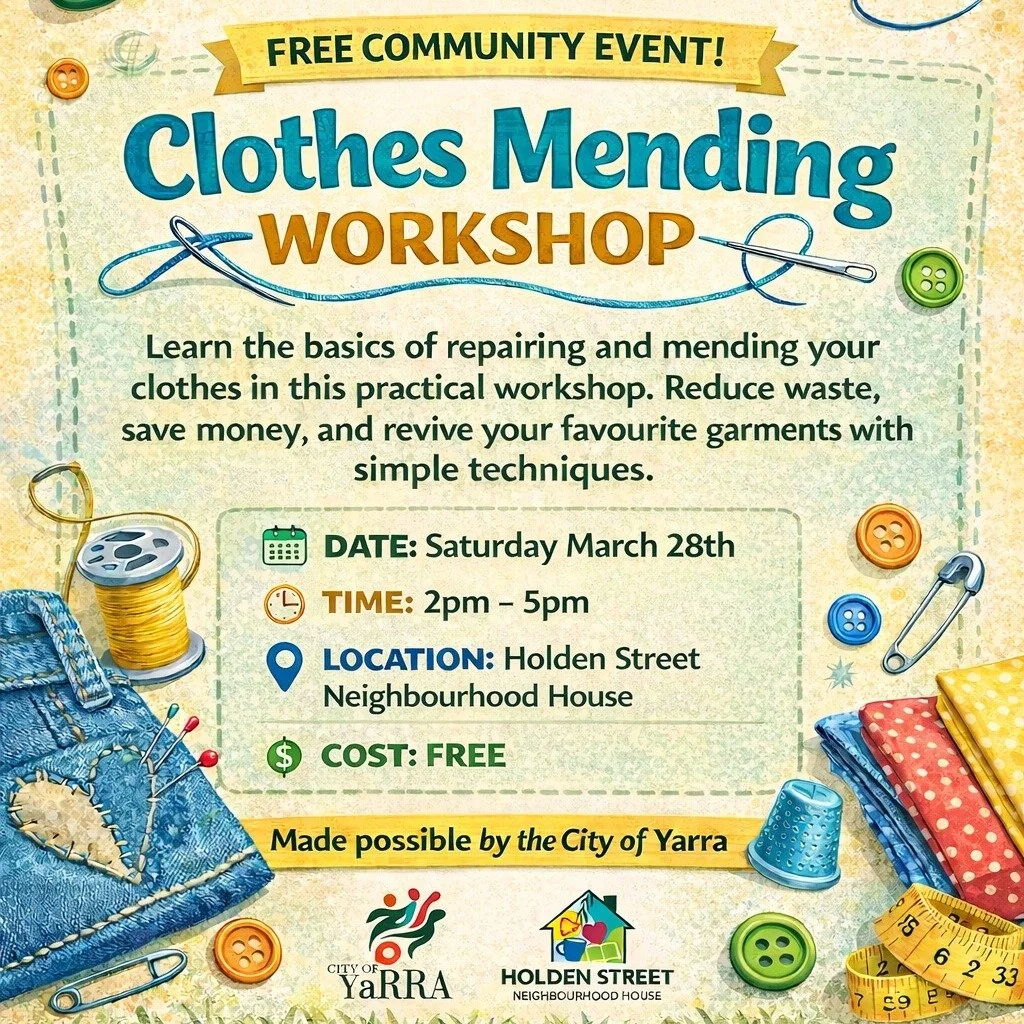 🧵✨THIS SATURDAY! FREE Clothes Mending Workshop! ✨🧵

Got a favourite piece that needs a little TLC? Don&rsquo;t throw it away- mend it!

Join us at Holden Street Neighbourhood House this Saturday, March 28th, 2pm&ndash;5pm for a hands-on workshop wh