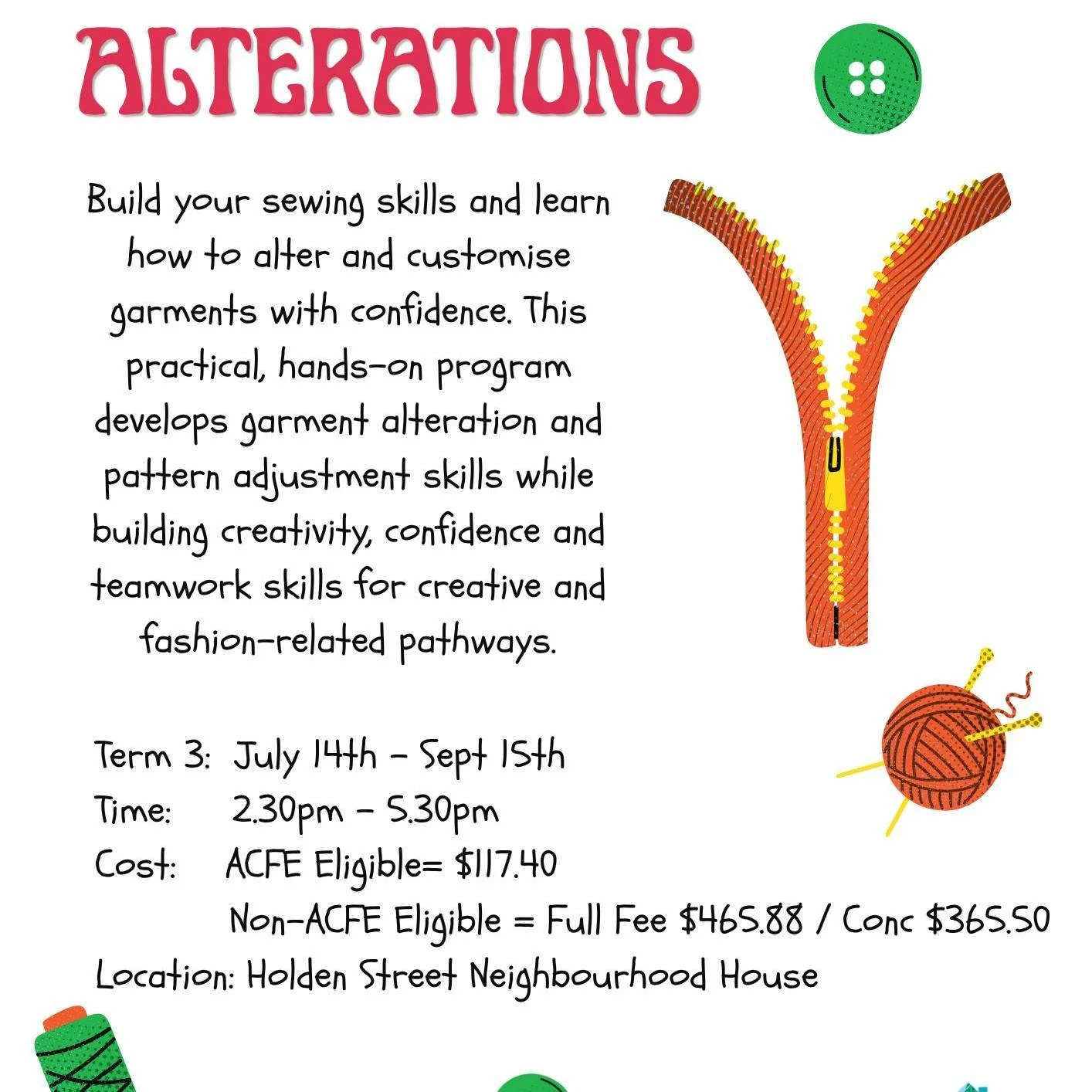 🧵 Starts Tomorrow &ndash; Only a Few Spots Left! 🪡

Ready to build your sewing skills? Our Alterations course starts tomorrow, and there are only a few places remaining!

Learn practical techniques to alter and adjust garments, build your confidenc