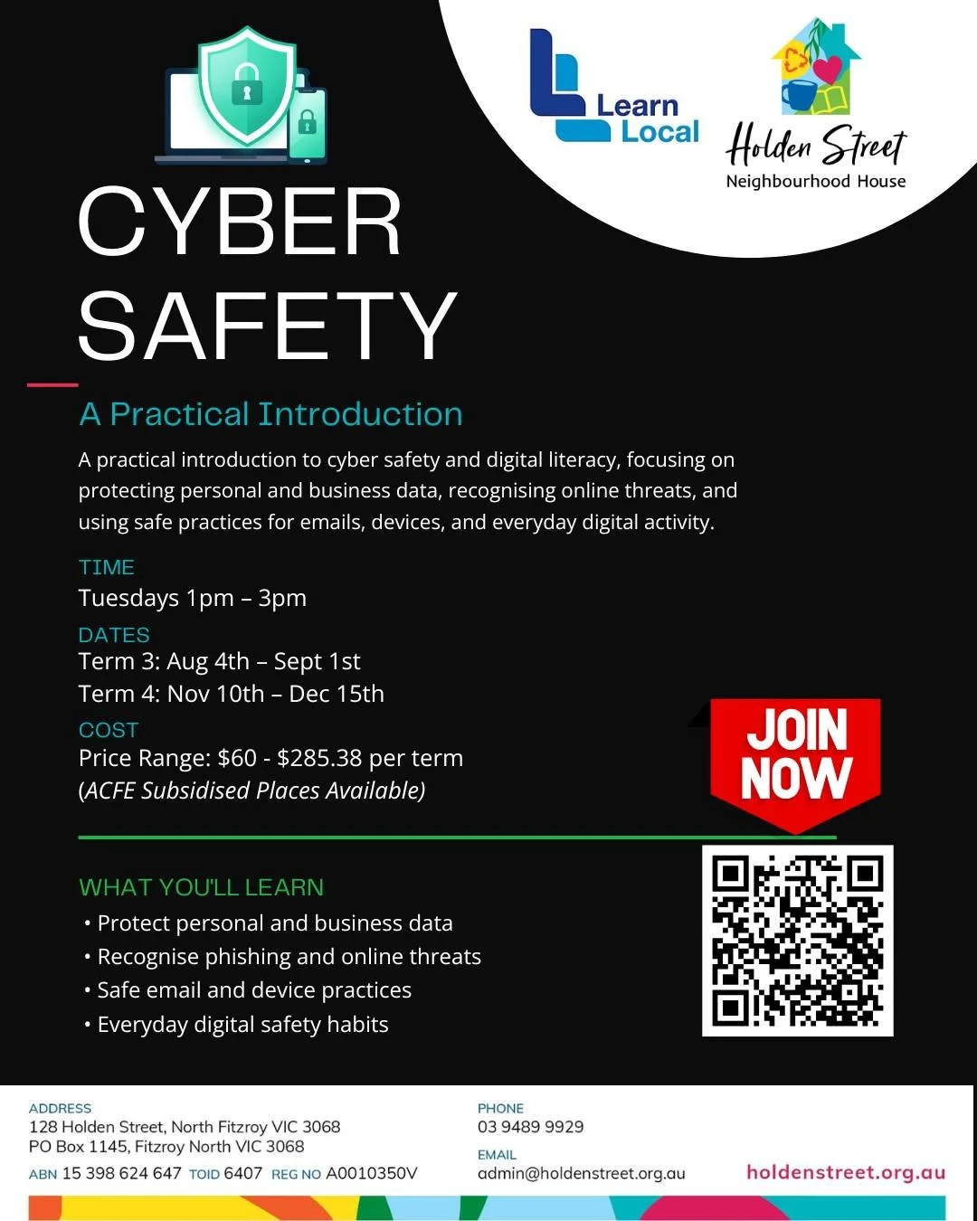 💻 Stay safe online with our new Cyber Safety course!

With online scams and cyber crime becoming more common than ever, knowing how to protect yourself online is an essential life skill.

We've created this 5-week Cyber Safety program in direct resp